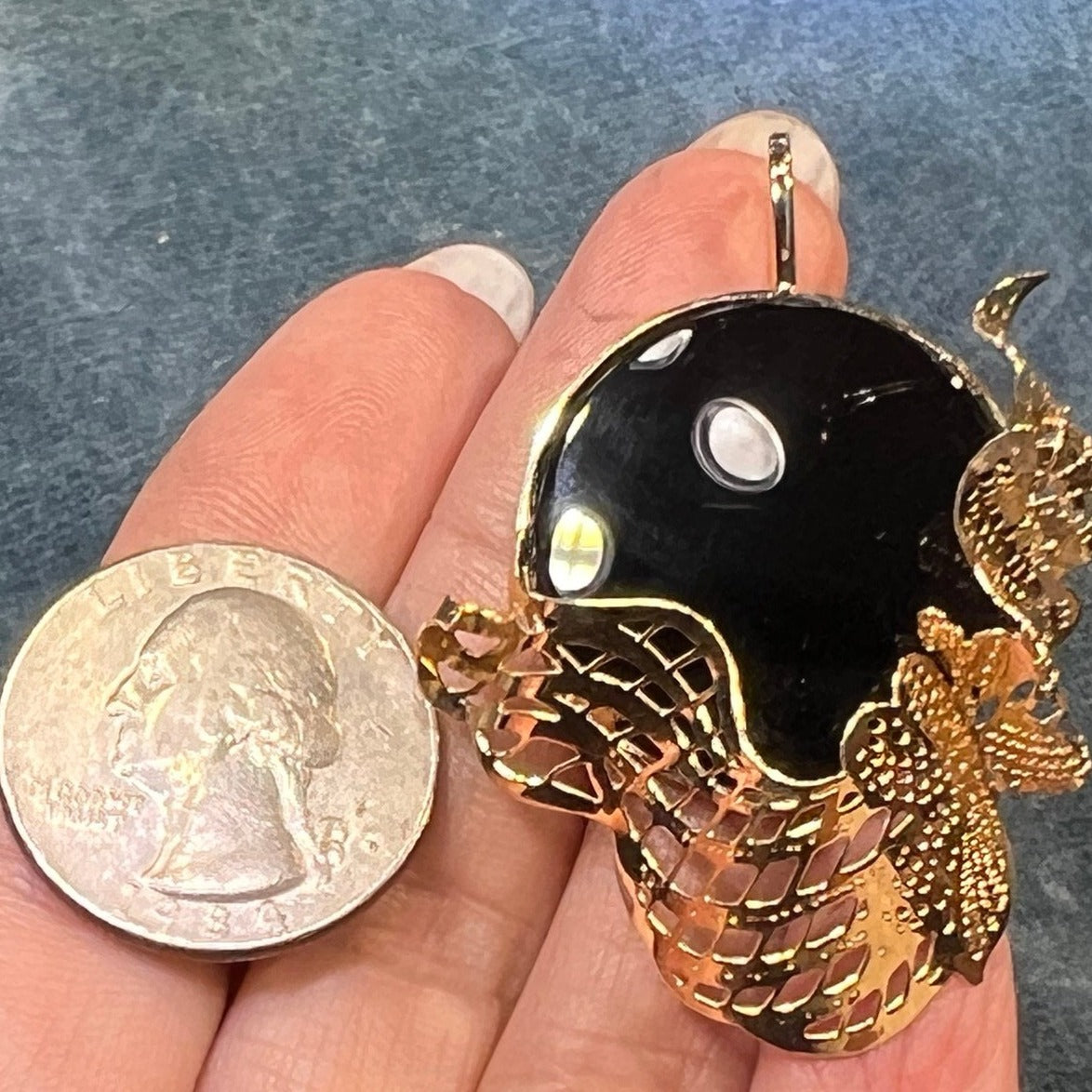 14k Gold Onyx Full Moon Pendant with Drifting Clouds. 2" + 7g