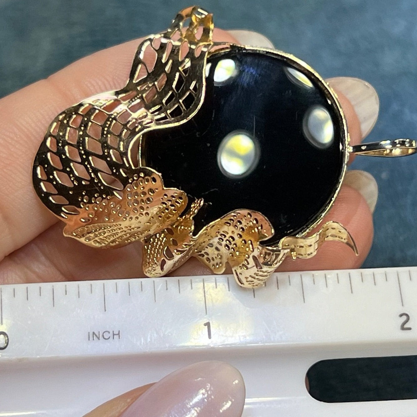 14k Gold Onyx Full Moon Pendant with Drifting Clouds. 2" + 7g