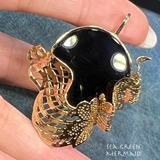 14k Gold Onyx Full Moon Pendant with Drifting Clouds. 2" + 7g