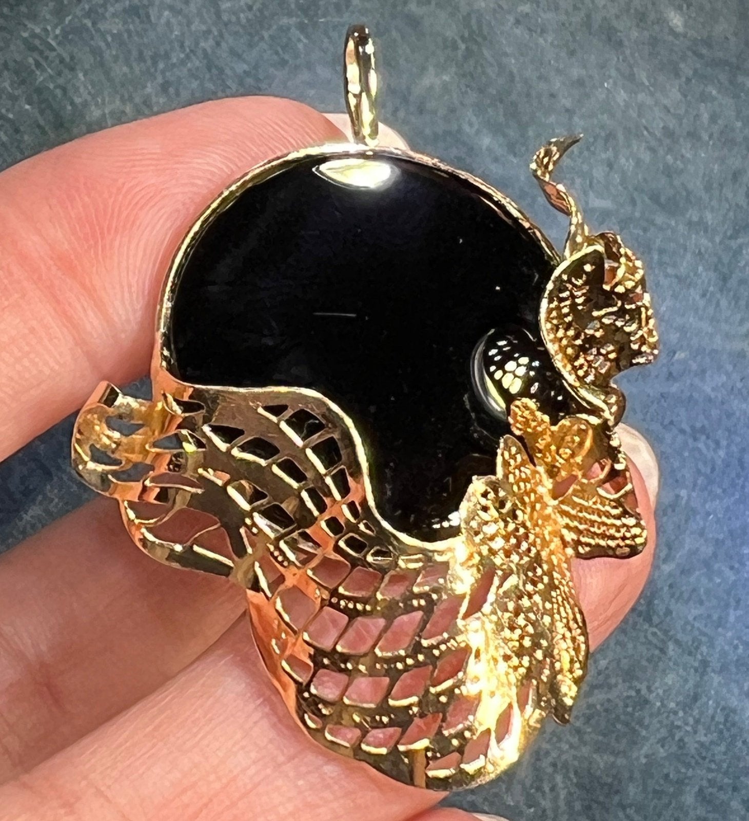 14k Gold Onyx Full Moon Pendant with Drifting Clouds. 2" + 7g