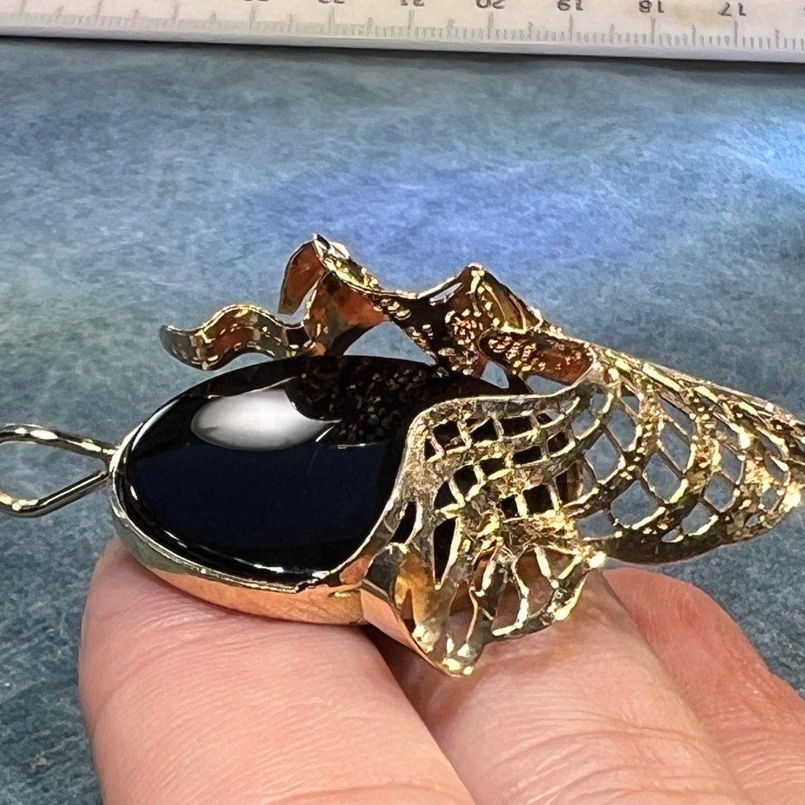 14k Gold Onyx Full Moon Pendant with Drifting Clouds. 2" + 7g