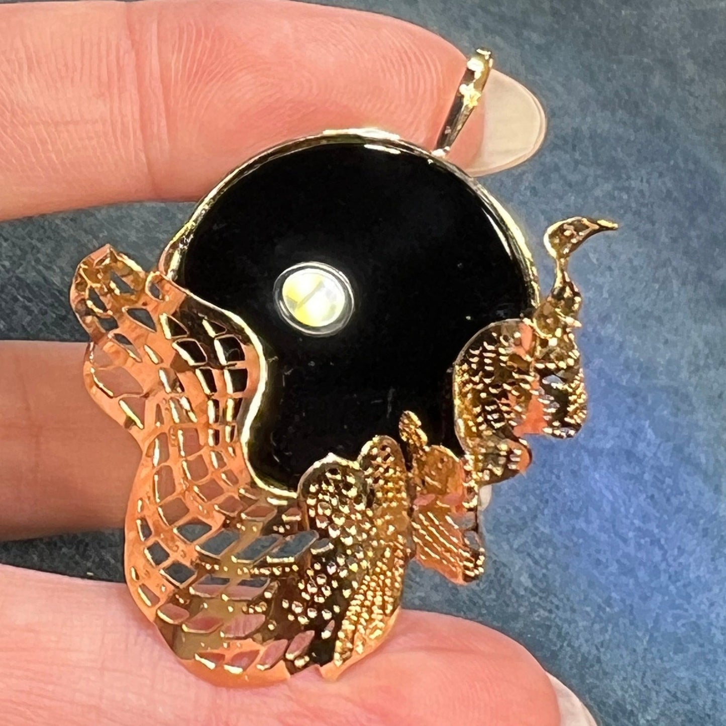 14k Gold Onyx Full Moon Pendant with Drifting Clouds. 2" + 7g