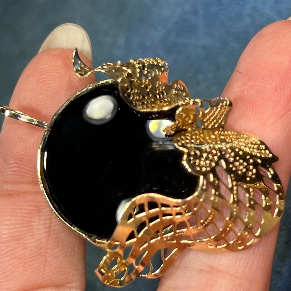 14k Gold Onyx Full Moon Pendant with Drifting Clouds. 2" + 7g