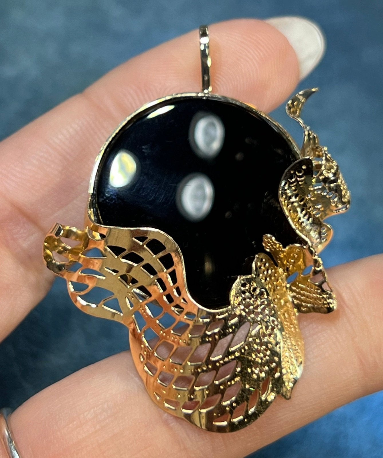 14k Gold Onyx Full Moon Pendant with Drifting Clouds. 2" + 7g