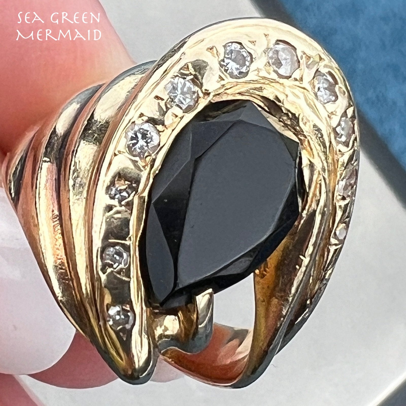 14k Gold Onyx Ring w Diamonds. Ocean Wave 3/4" + 9.5g *Video*