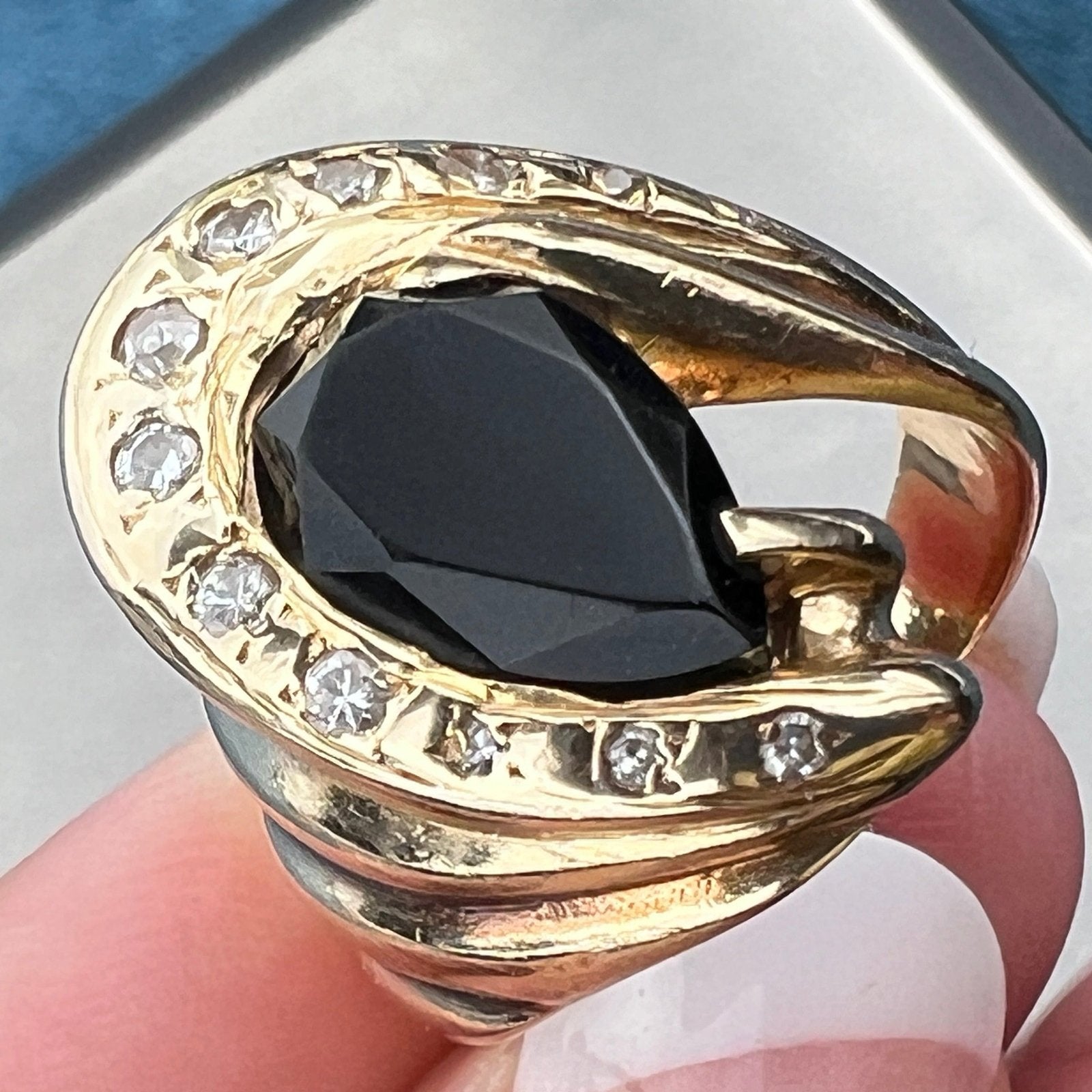 14k Gold Onyx Ring w Diamonds. Ocean Wave 3/4" + 9.5g *Video*