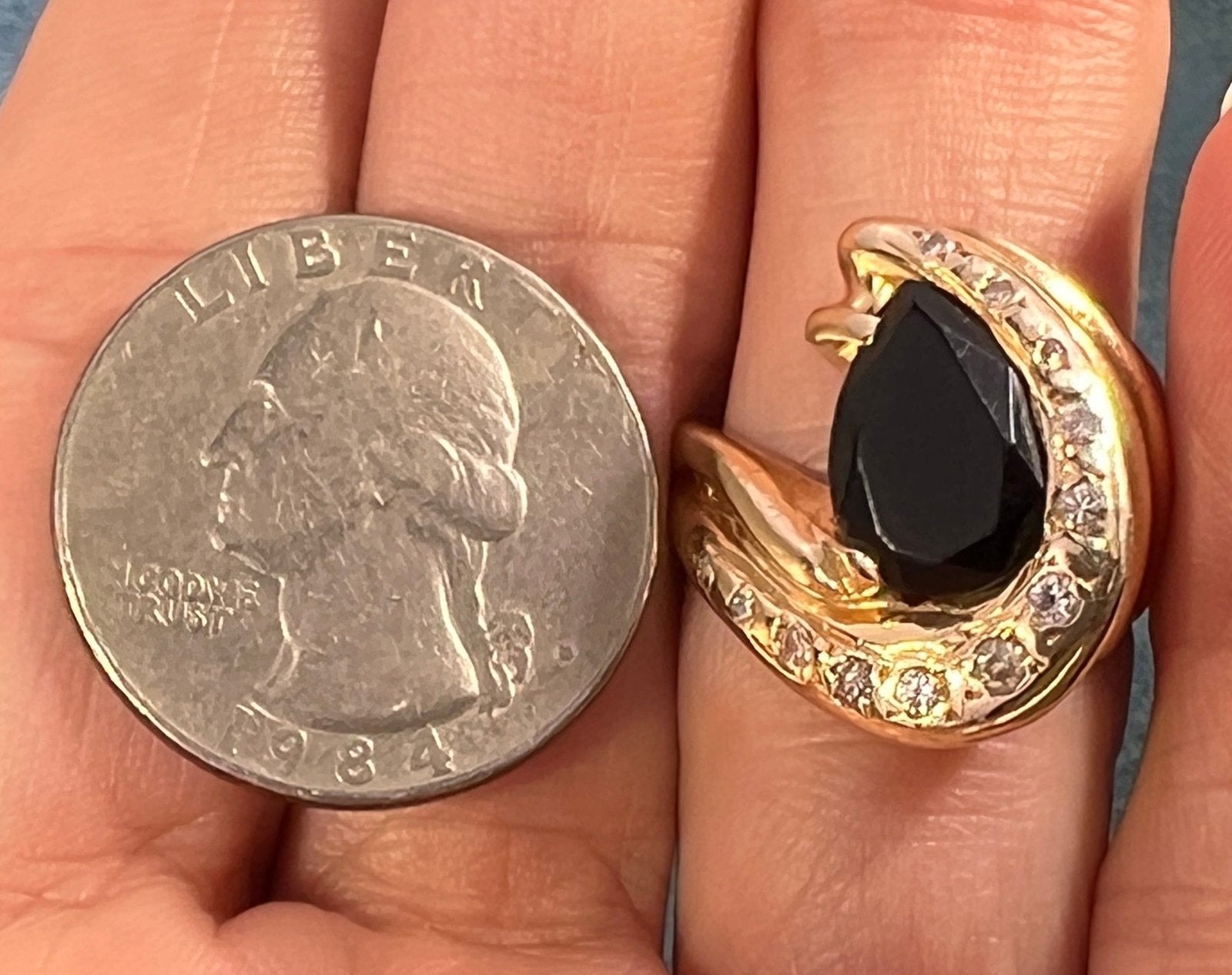 14k Gold Onyx Ring w Diamonds. Ocean Wave 3/4" + 9.5g *Video*