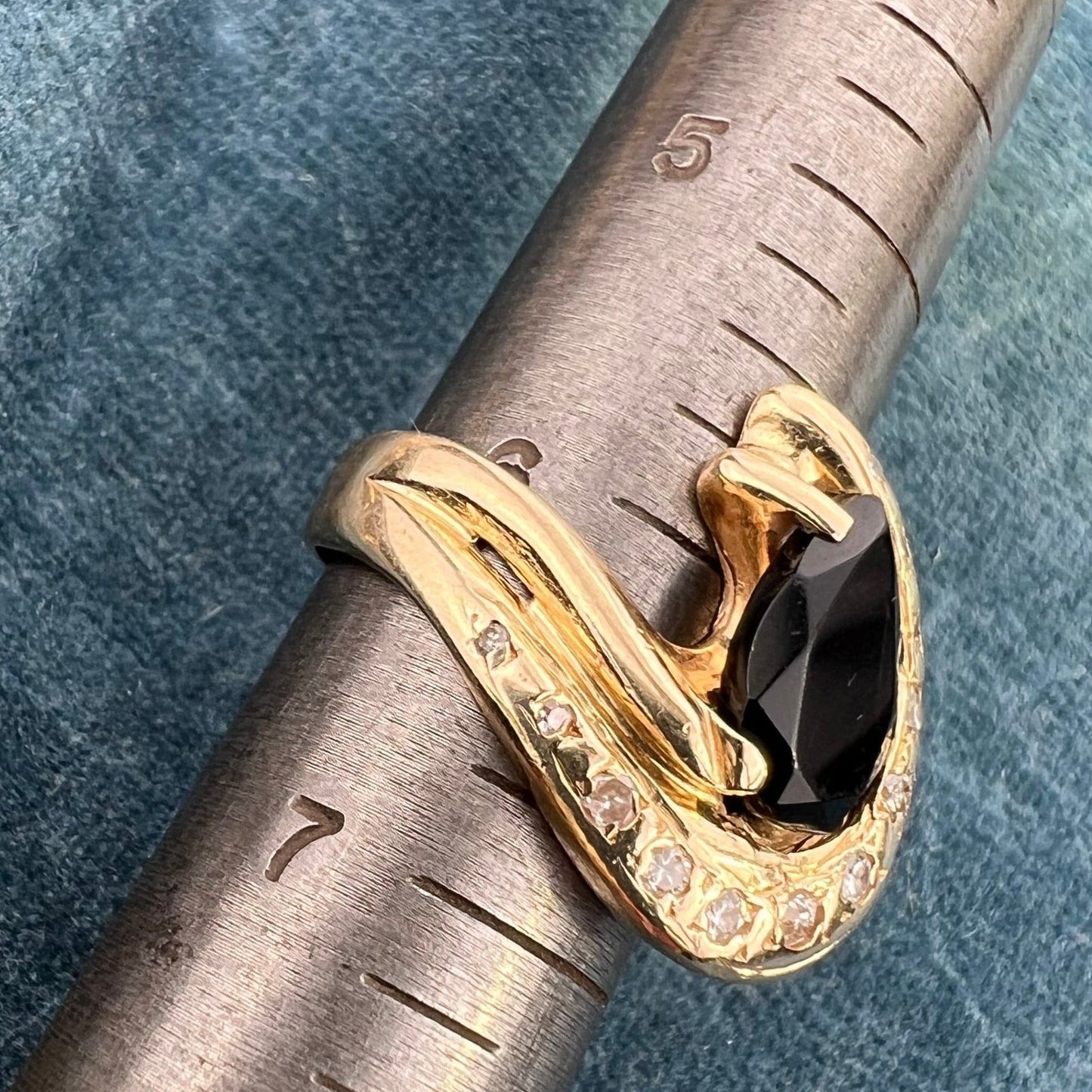 14k Gold Onyx Ring w Diamonds. Ocean Wave 3/4" + 9.5g *Video*