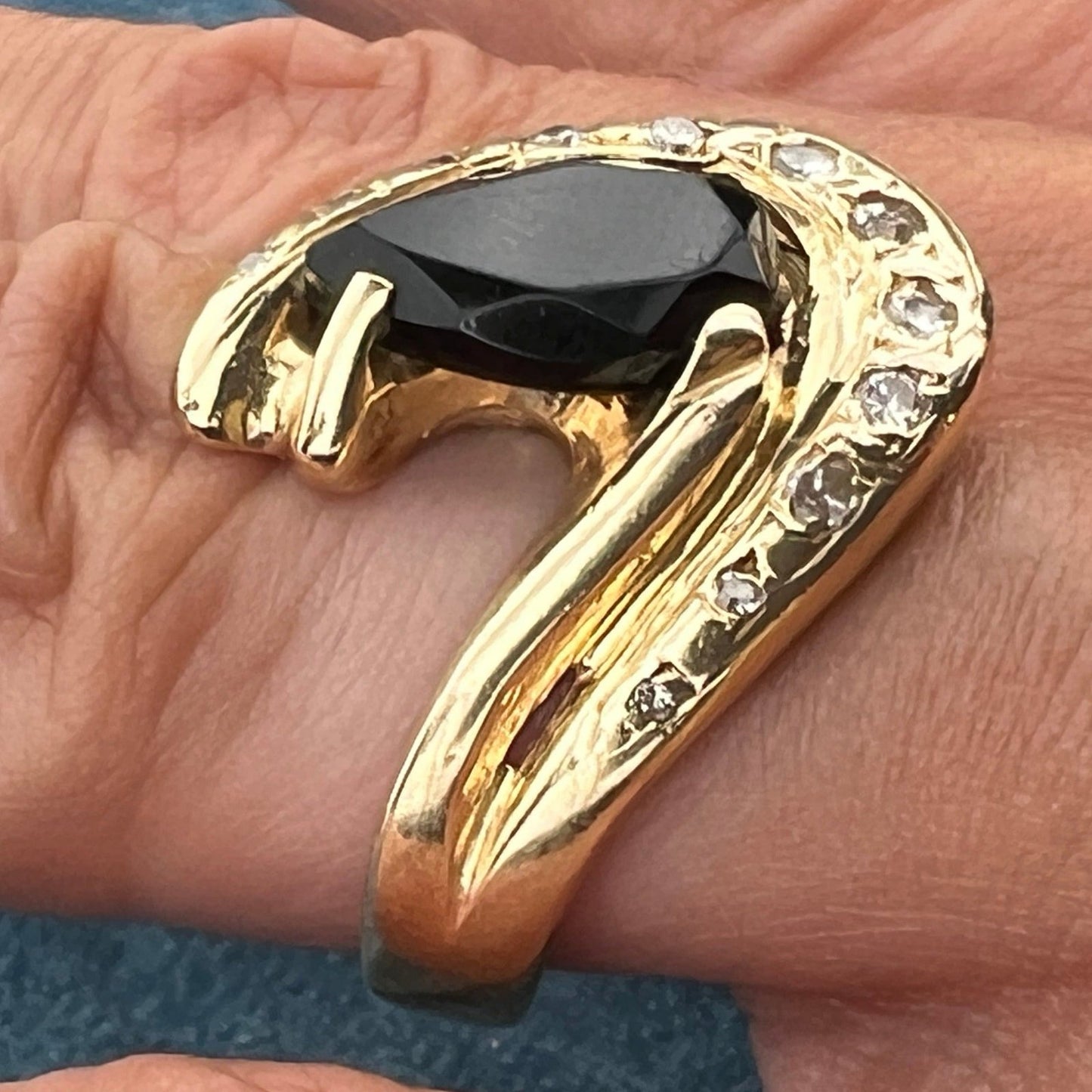 14k Gold Onyx Ring w Diamonds. Ocean Wave 3/4" + 9.5g *Video*