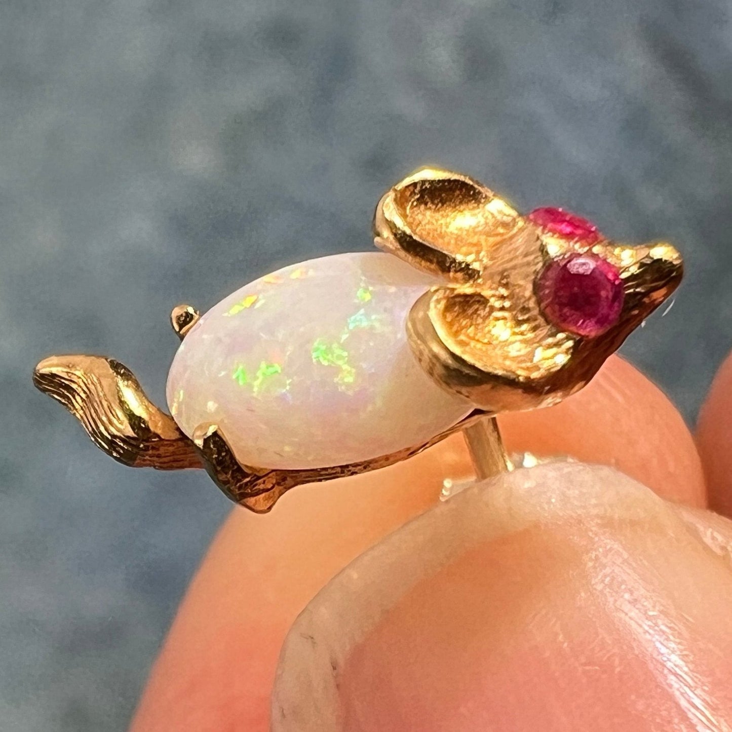 14k Gold Opal & Ruby Mouse *SINGLE* Earring. TINY! *Video*