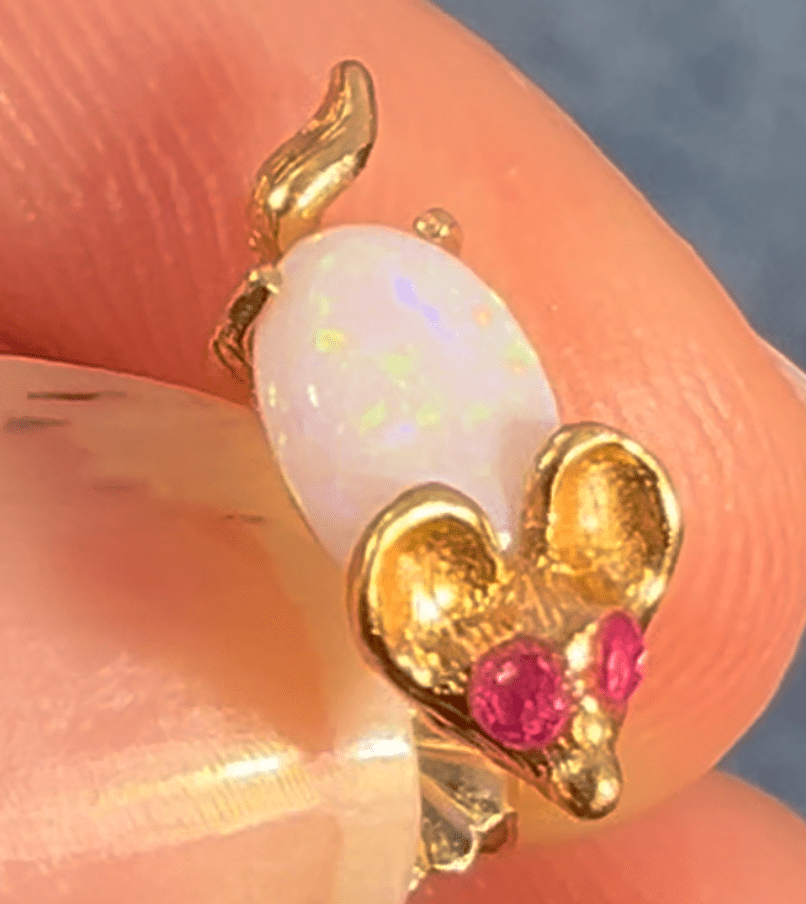 14k Gold Opal & Ruby Mouse *SINGLE* Earring. TINY! *Video*