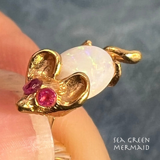 14k Gold Opal & Ruby Mouse *SINGLE* Earring. TINY! *Video*