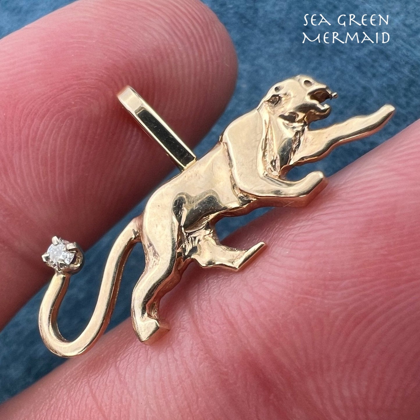 14k Gold Panther Leopard Tiger Pendant w Diamond Tail. 1"