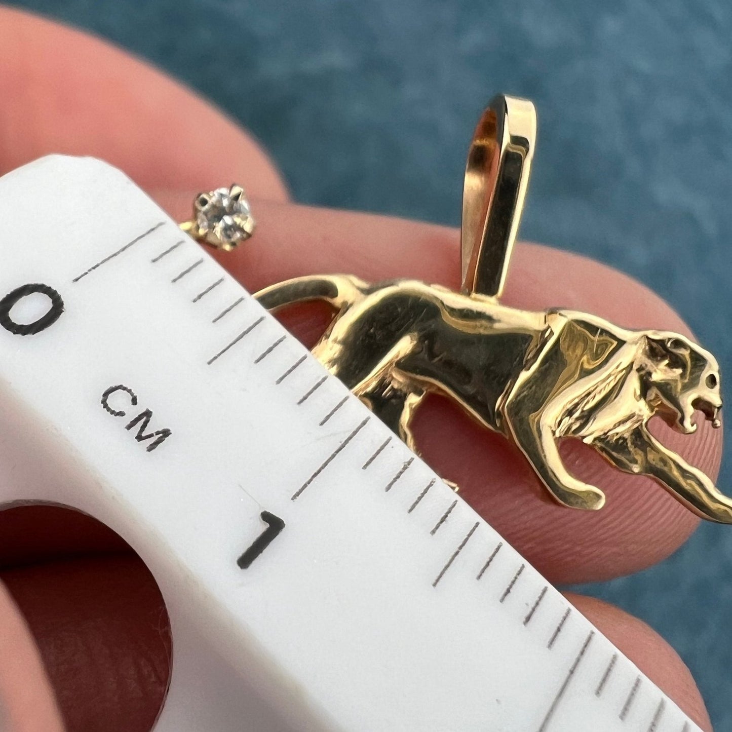 14k Gold Panther Leopard Tiger Pendant w Diamond Tail. 1"