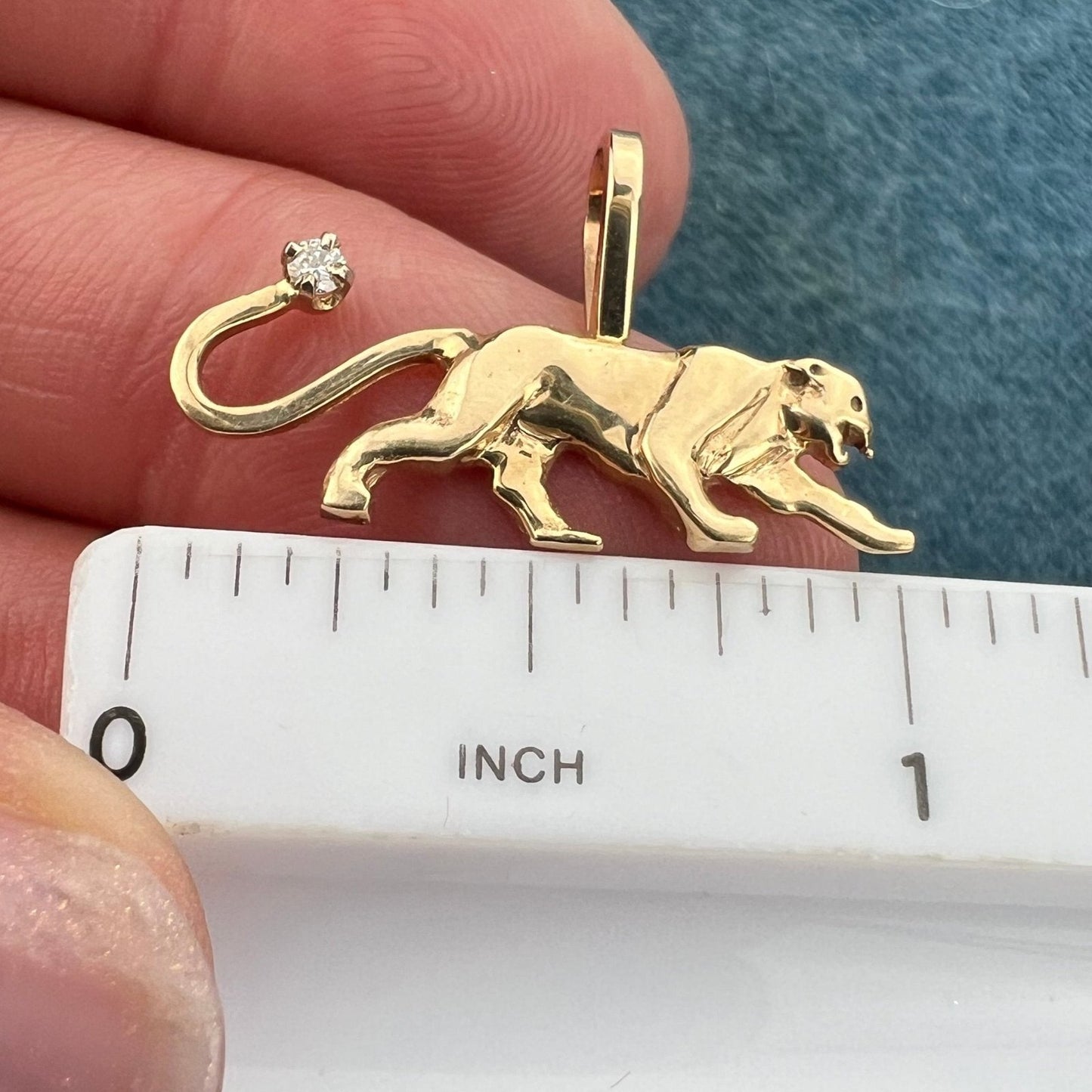 14k Gold Panther Leopard Tiger Pendant w Diamond Tail. 1"