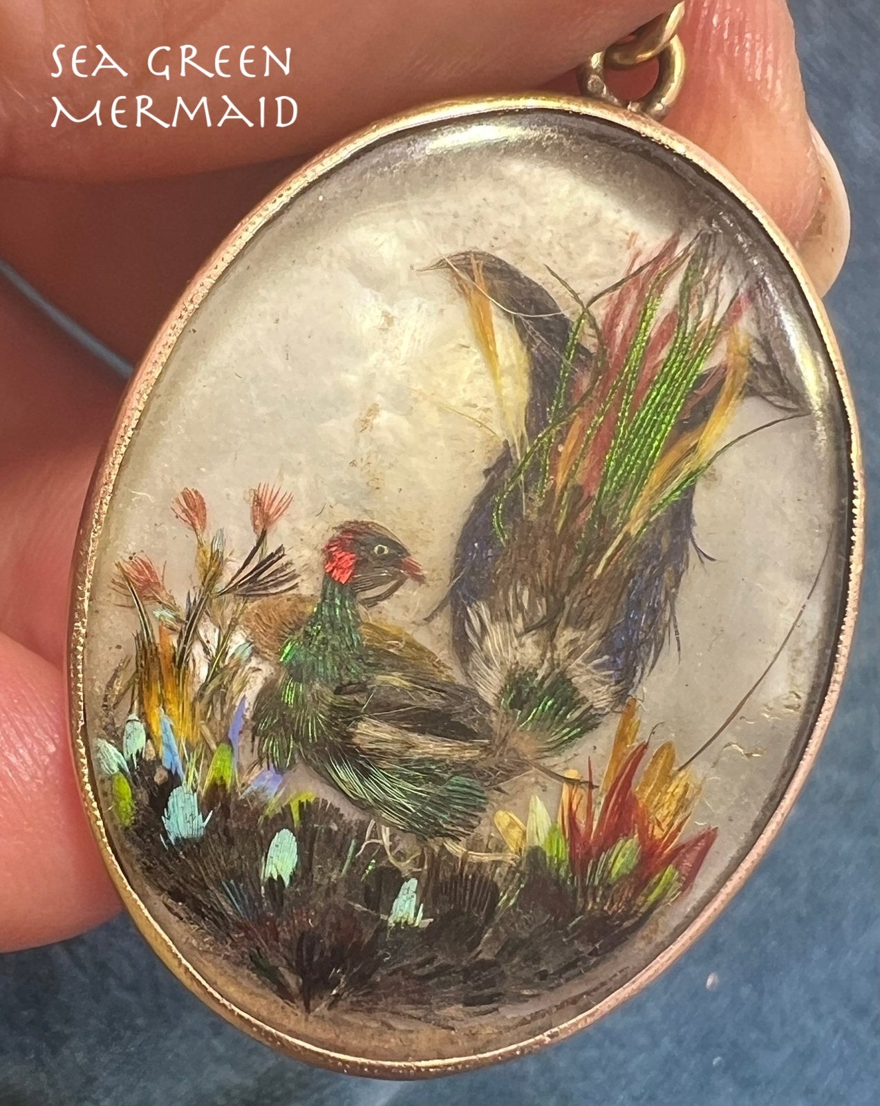 14k Gold Pearl MOP Opalescent Antique Bird Collage Pendant *Video*
