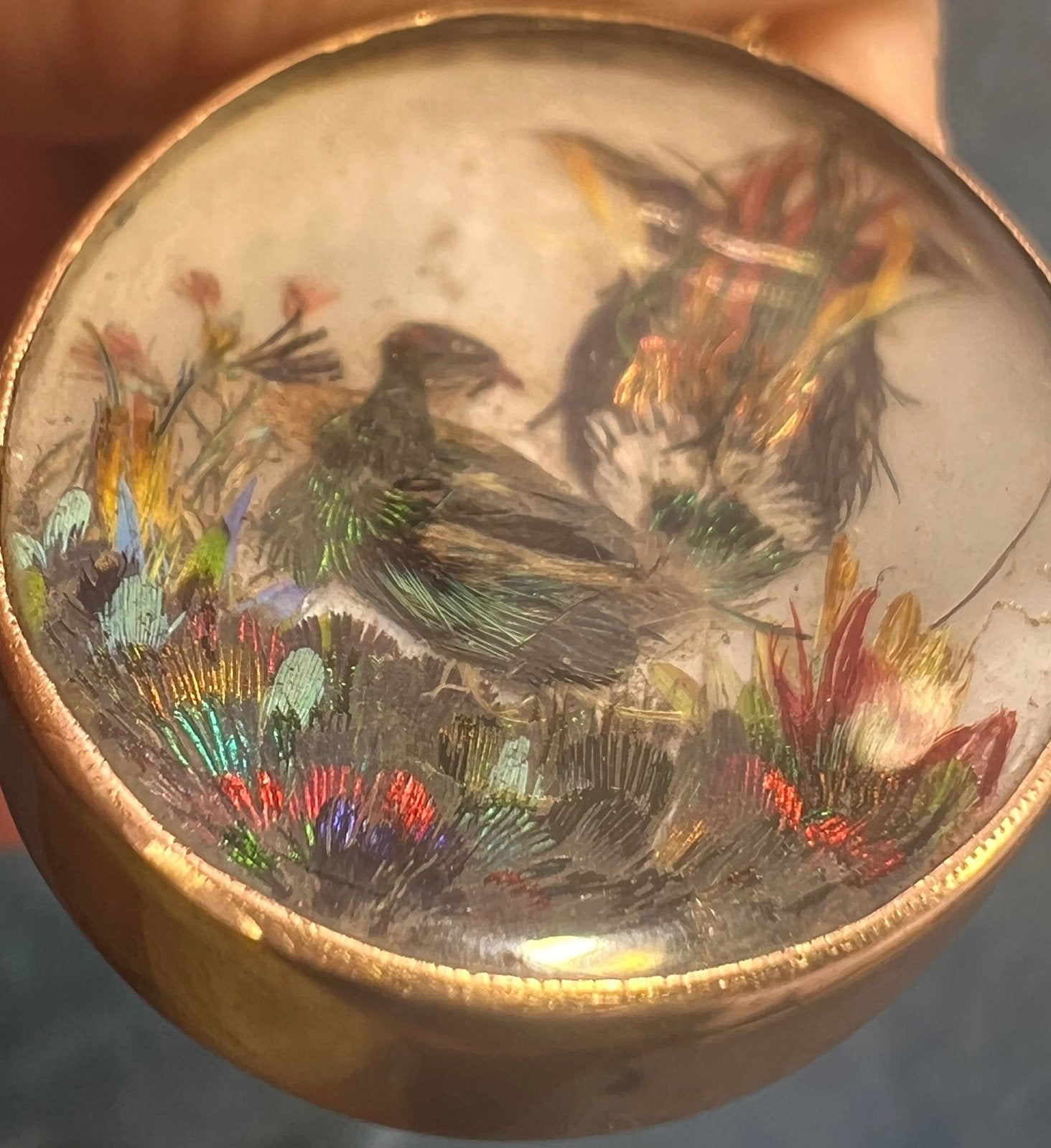 14k Gold Pearl MOP Opalescent Antique Bird Collage Pendant *Video*