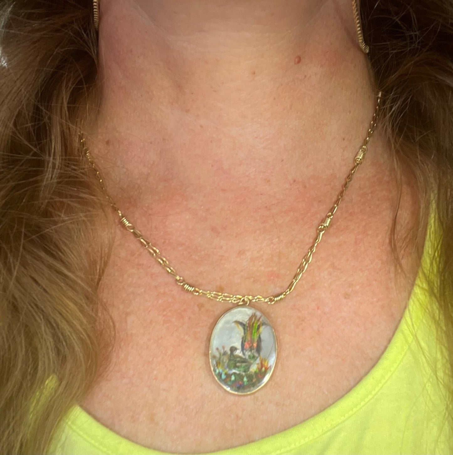 14k Gold Pearl MOP Opalescent Antique Bird Collage Pendant *Video*