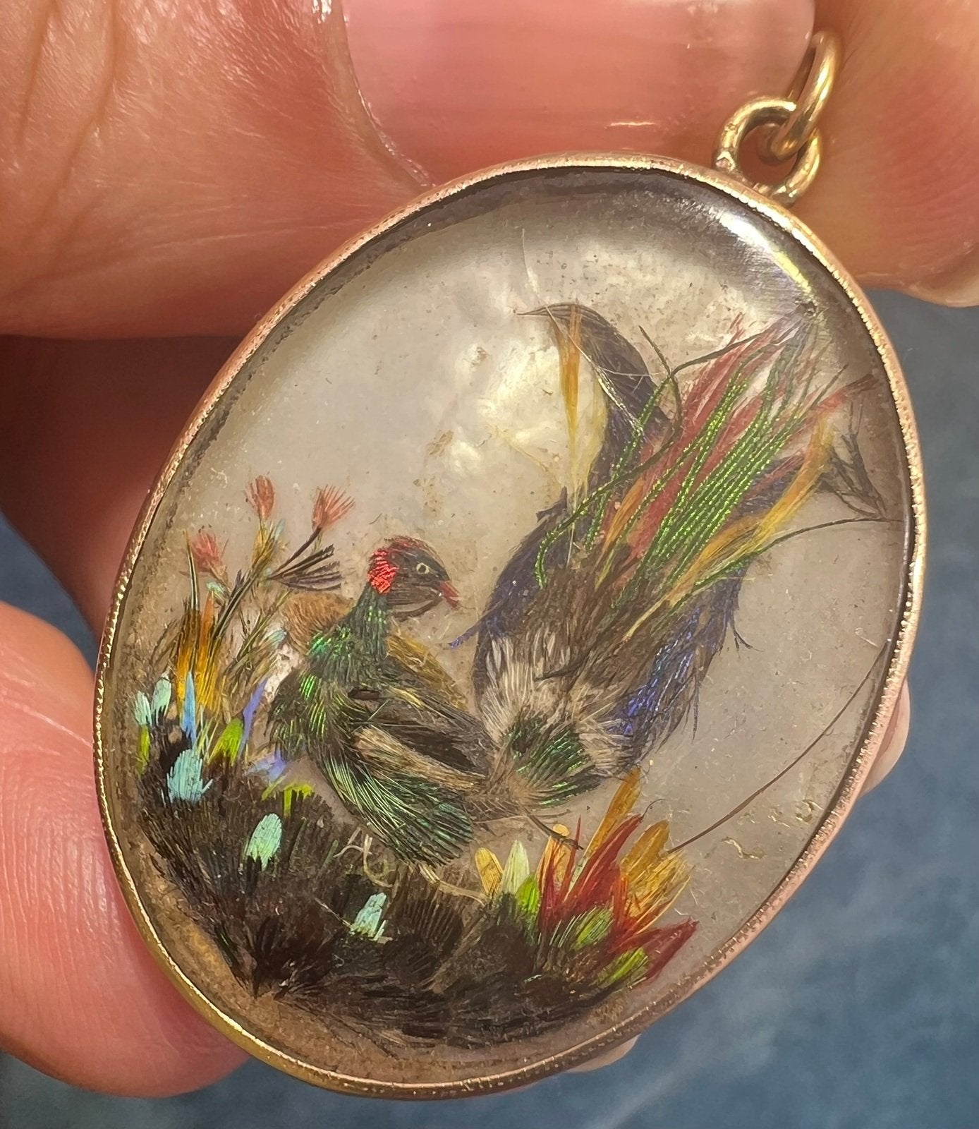 14k Gold Pearl MOP Opalescent Antique Bird Collage Pendant *Video*