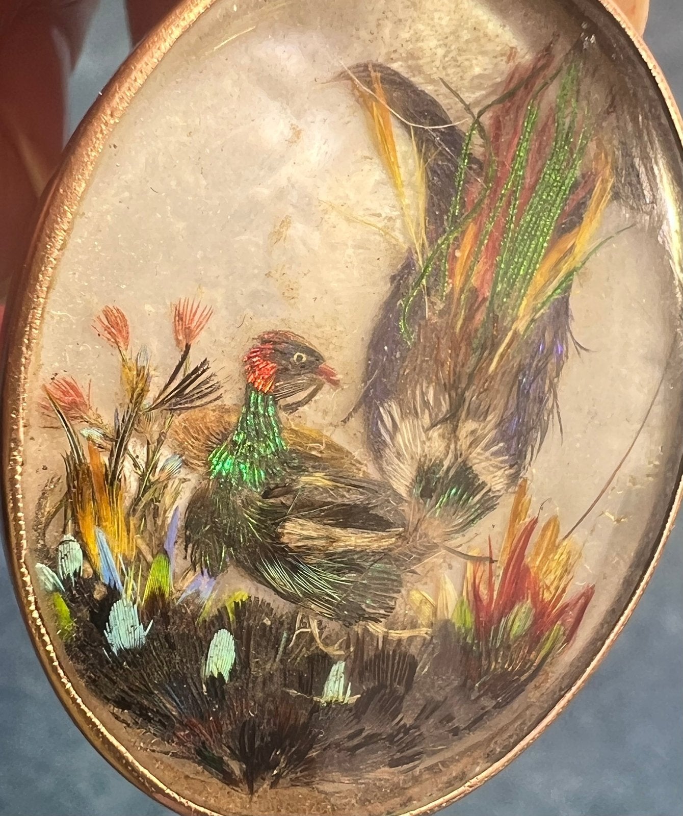 14k Gold Pearl MOP Opalescent Antique Bird Collage Pendant *Video*