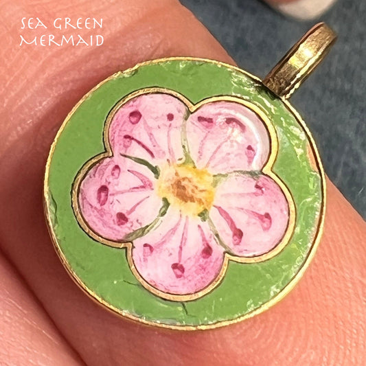 14k Gold Pink Enamel Cherry Blossom Flower Disc Pendant. Tiny! *VIDEO*