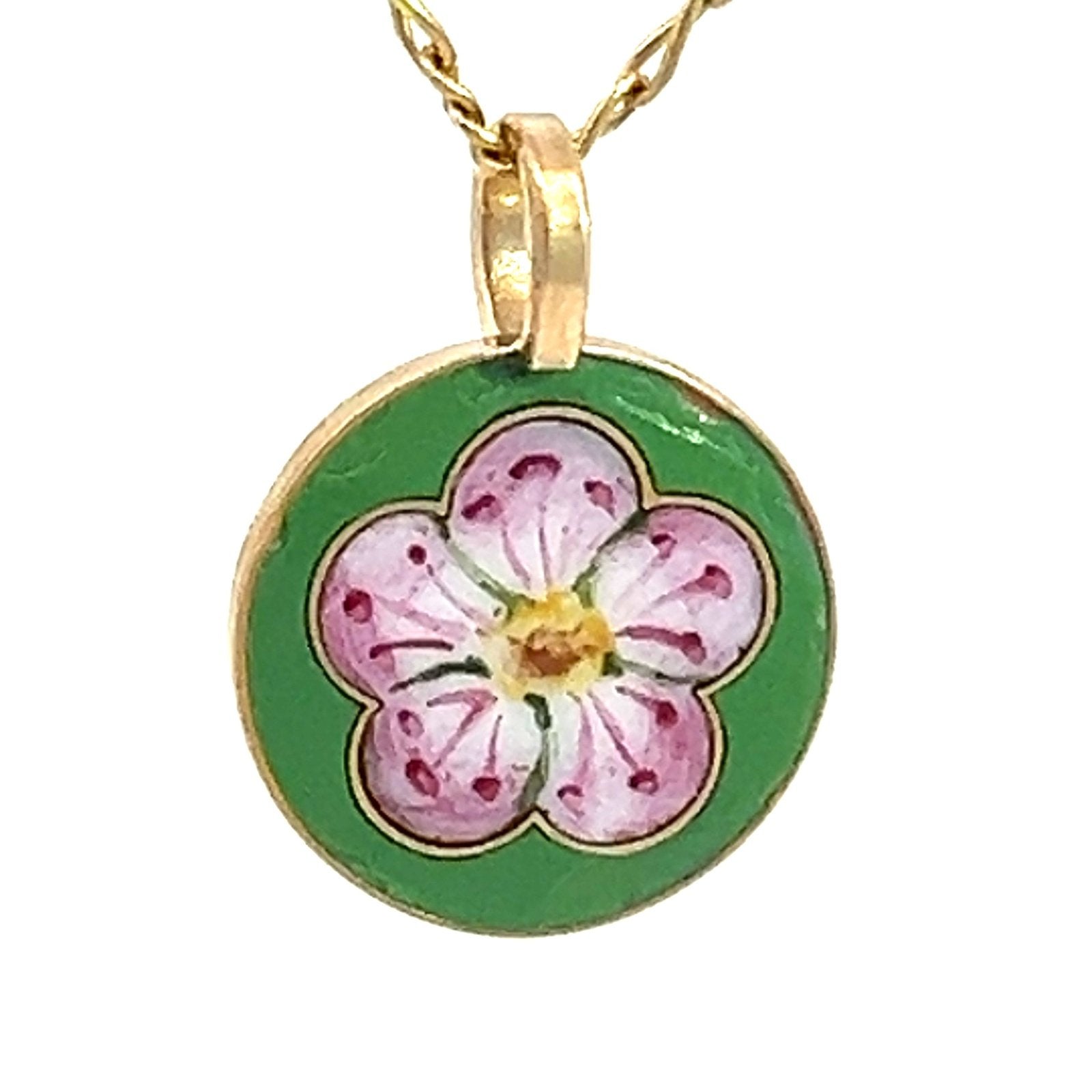 14k Gold Pink Enamel Cherry Blossom Flower Disc Pendant. Tiny! *VIDEO*