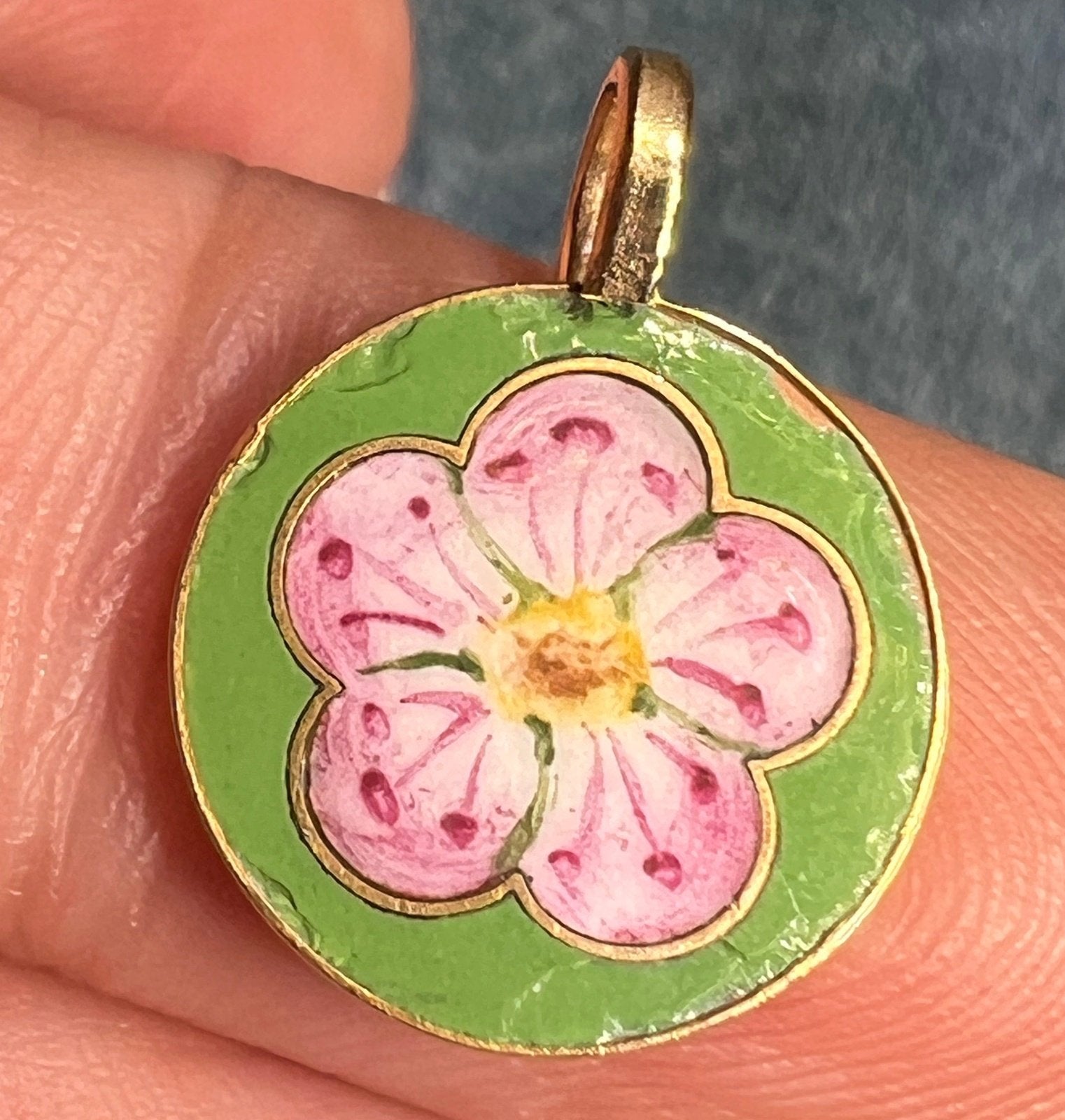 14k Gold Pink Enamel Cherry Blossom Flower Disc Pendant. Tiny! *VIDEO*