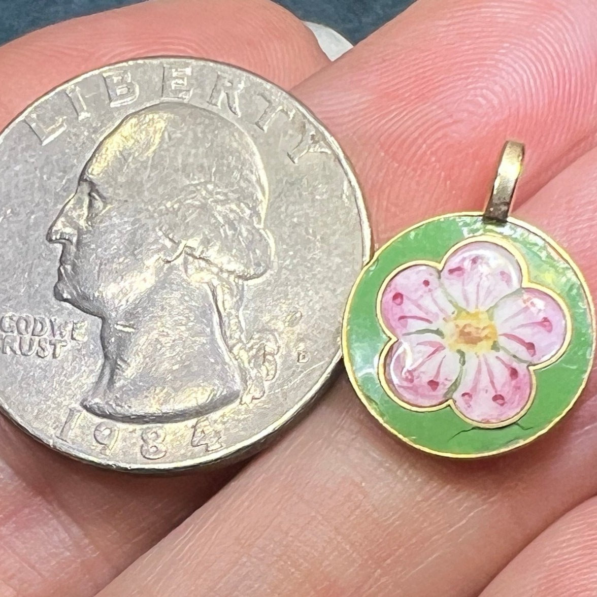 14k Gold Pink Enamel Cherry Blossom Flower Disc Pendant. Tiny! *VIDEO*