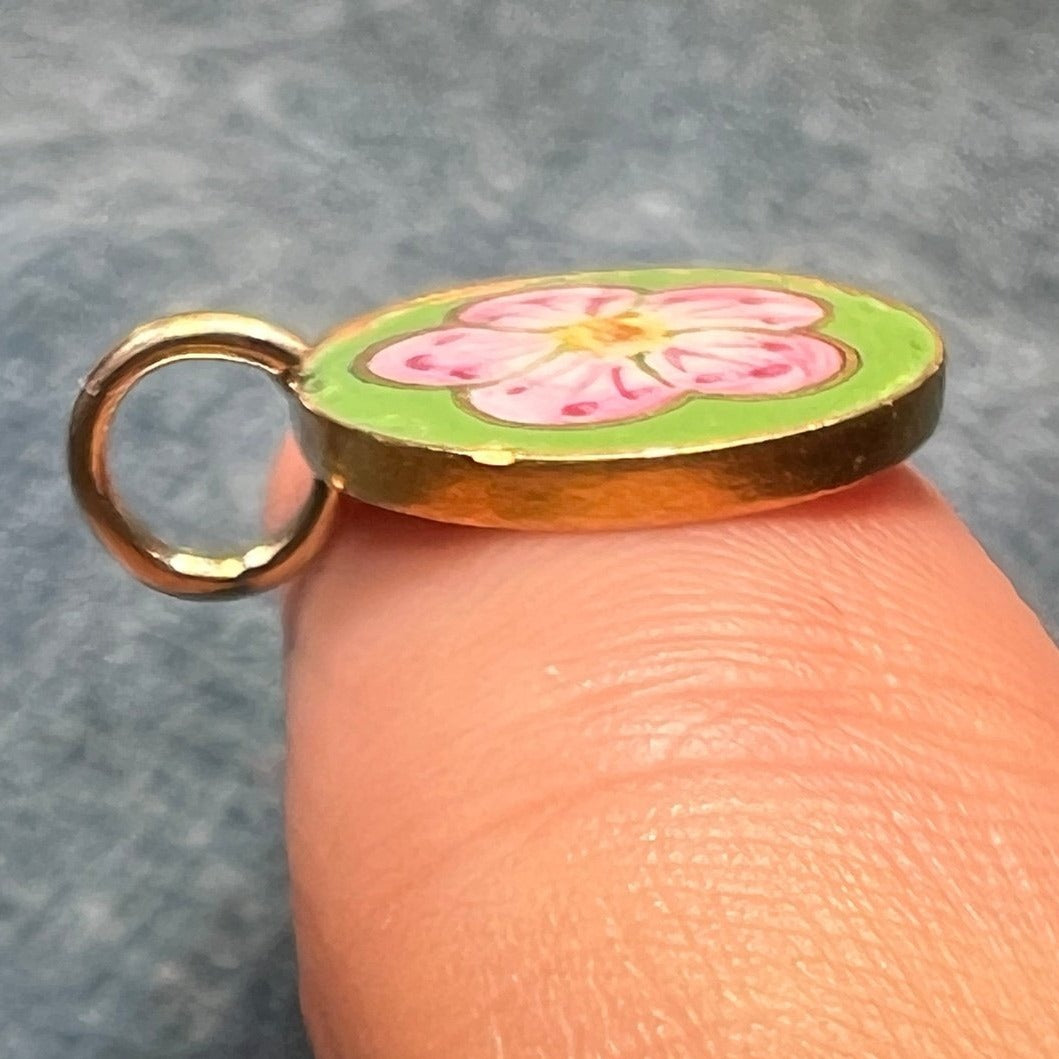 14k Gold Pink Enamel Cherry Blossom Flower Disc Pendant. Tiny! *VIDEO*