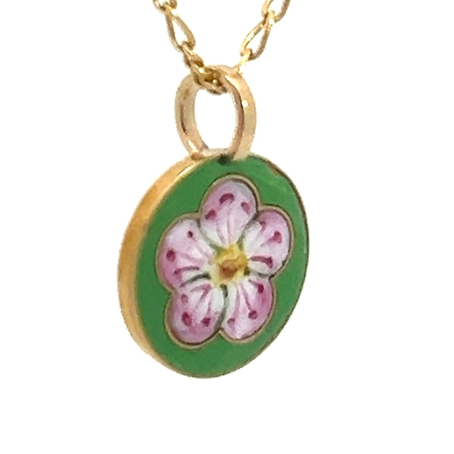 14k Gold Pink Enamel Cherry Blossom Flower Disc Pendant. Tiny! *VIDEO*