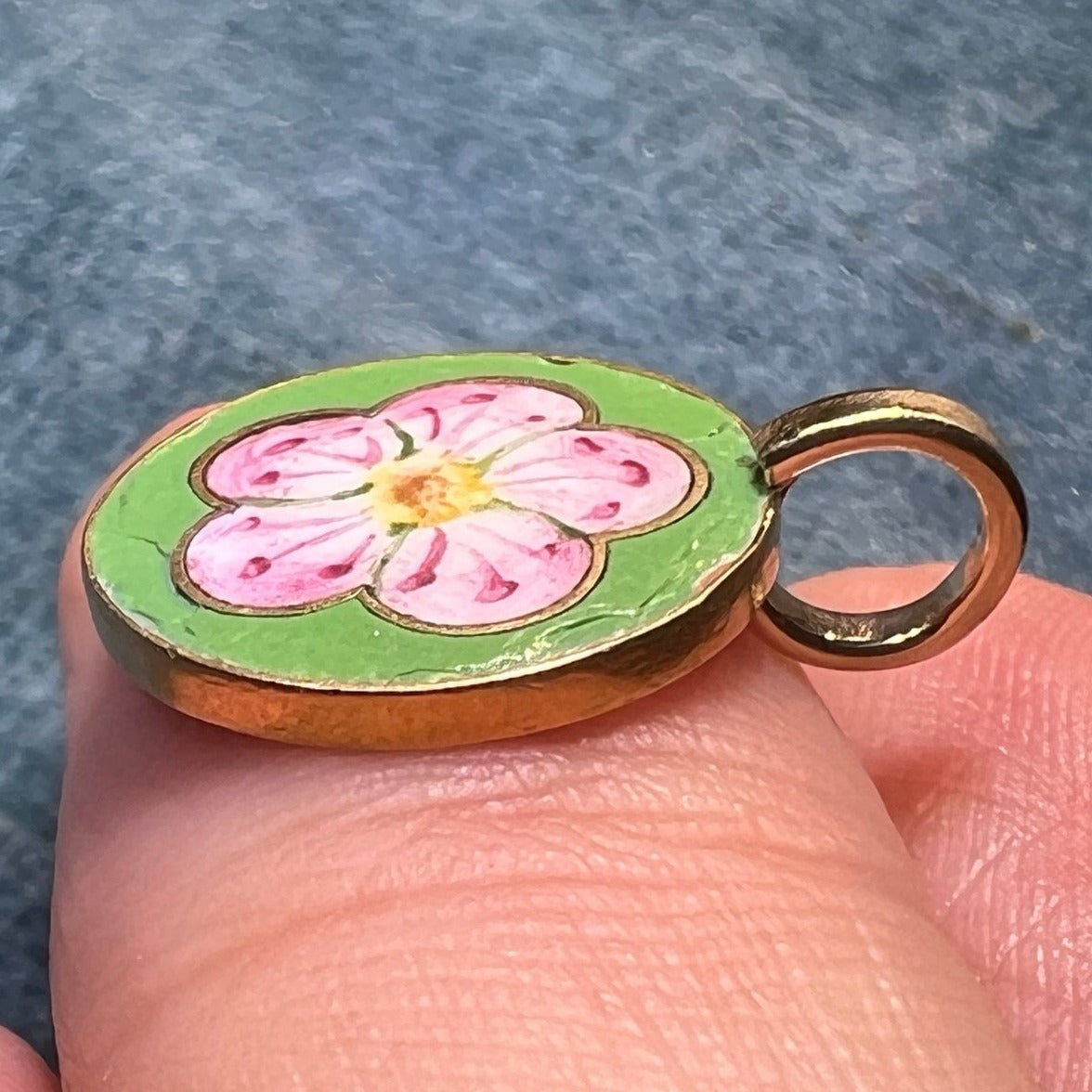 14k Gold Pink Enamel Cherry Blossom Flower Disc Pendant. Tiny! *VIDEO*