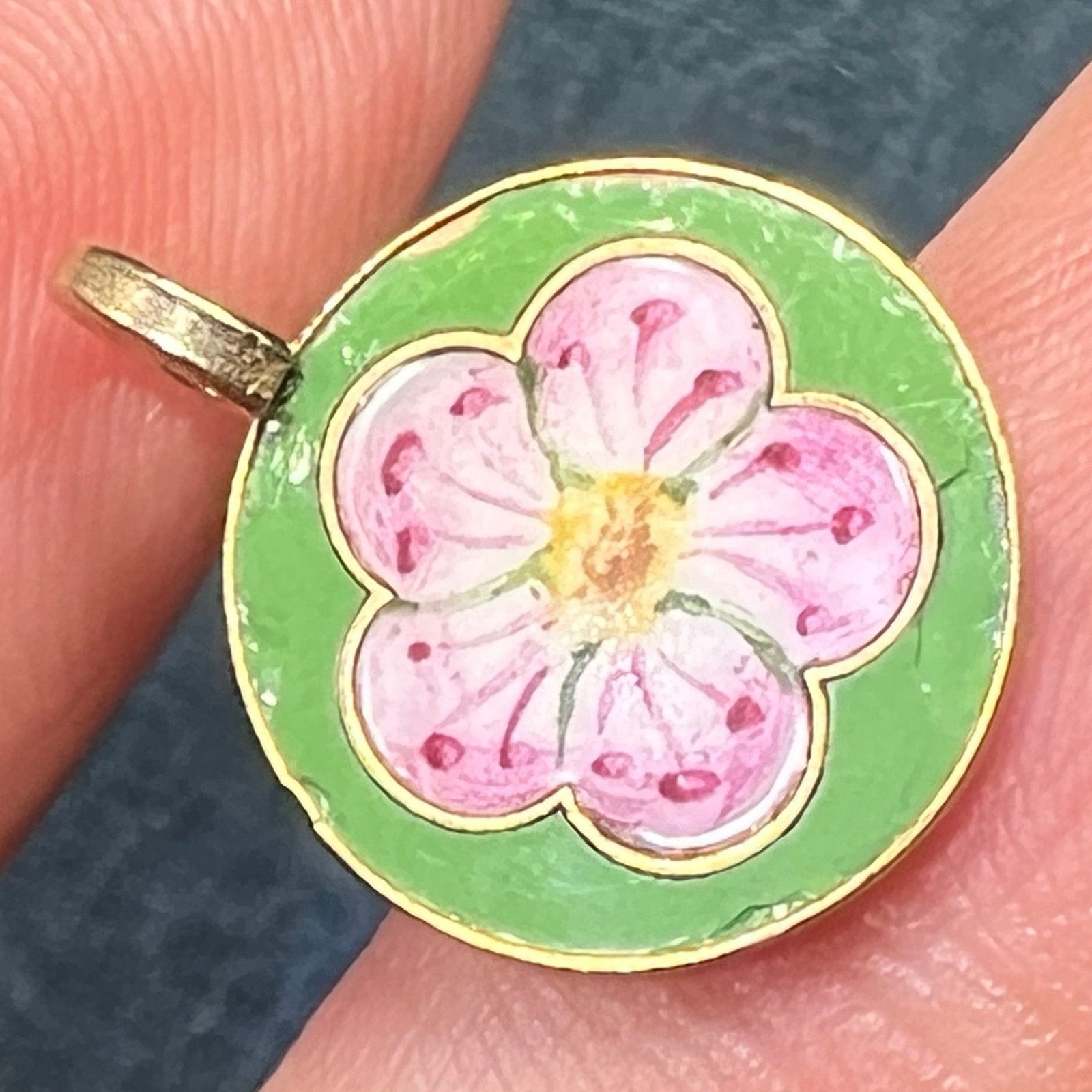 14k Gold Pink Enamel Cherry Blossom Flower Disc Pendant. Tiny! *VIDEO*