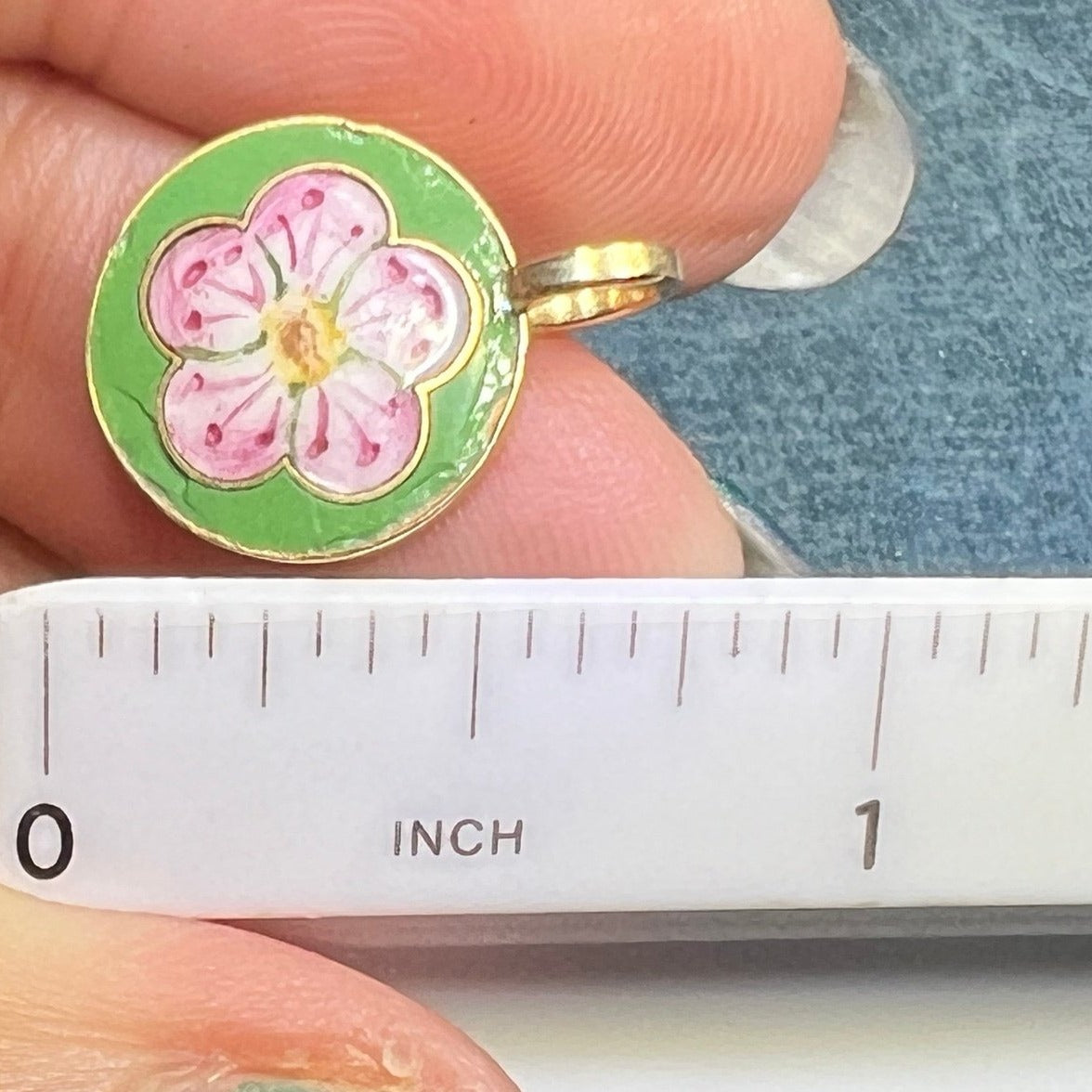 14k Gold Pink Enamel Cherry Blossom Flower Disc Pendant. Tiny! *VIDEO*