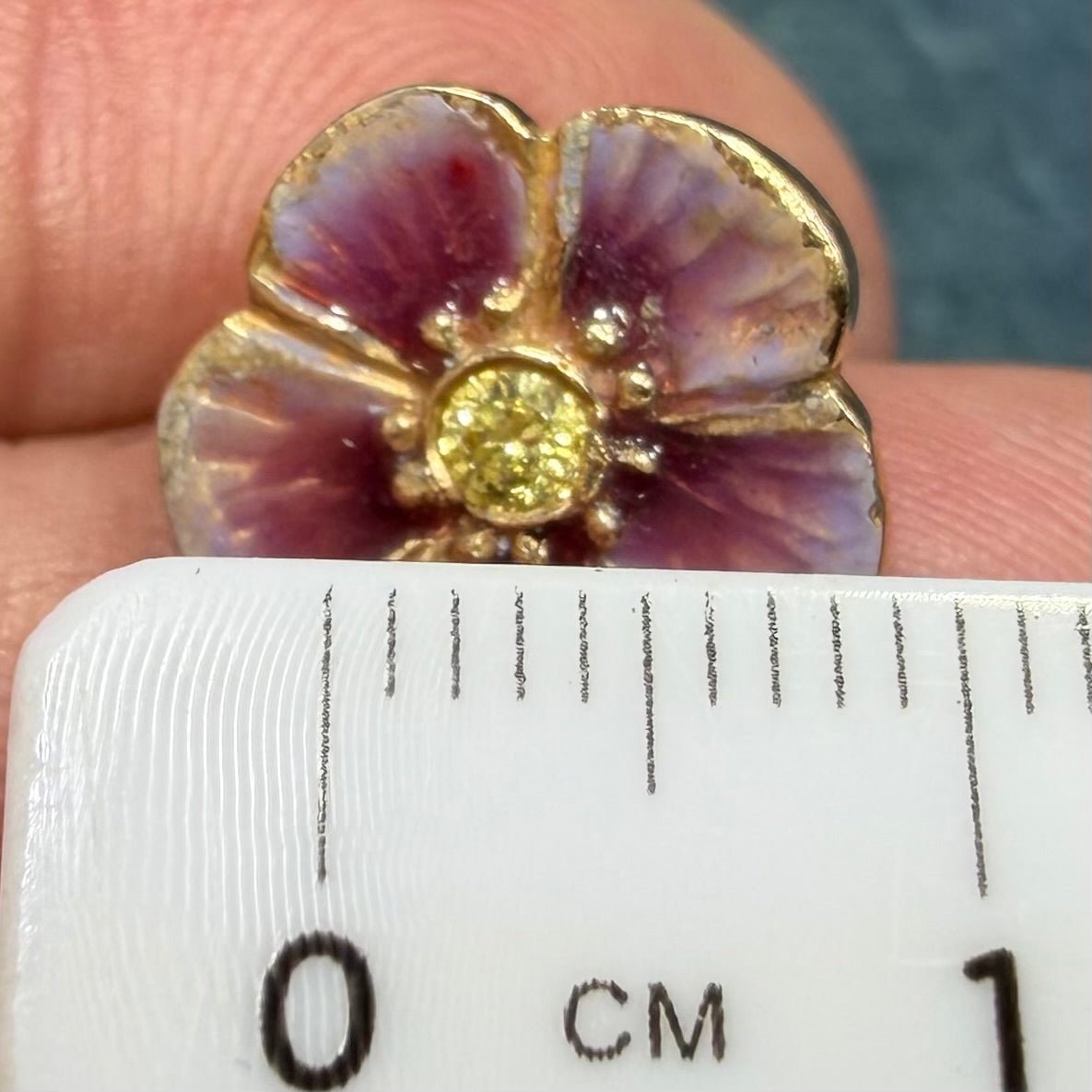 14k Gold Pink Enamel Pansy Earrings w Natural Yellow Diamonds. Antique
