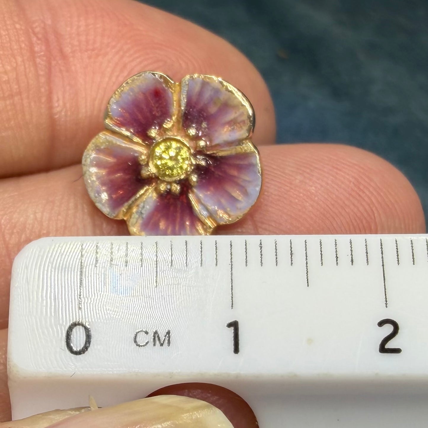 14k Gold Pink Enamel Pansy Earrings w Natural Yellow Diamonds. Antique