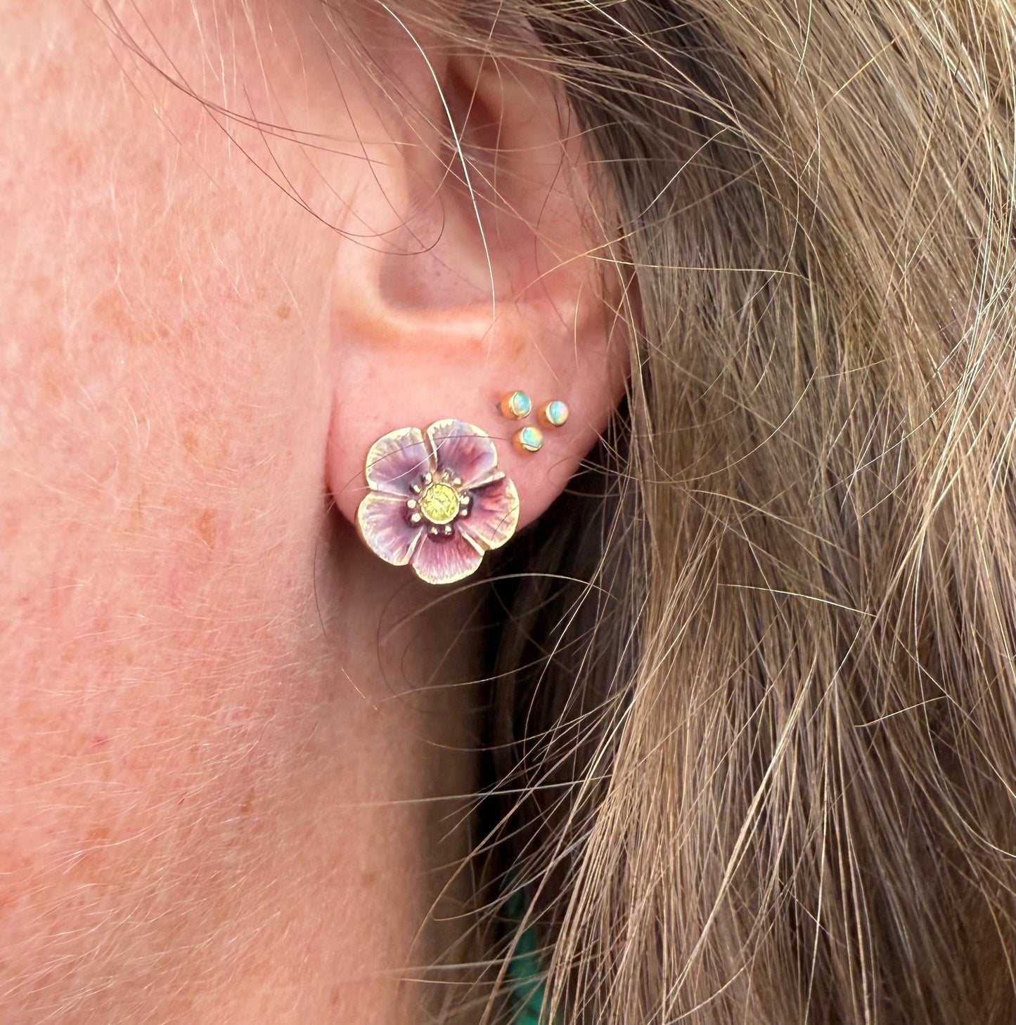 14k Gold Pink Enamel Pansy Earrings w Natural Yellow Diamonds. Antique