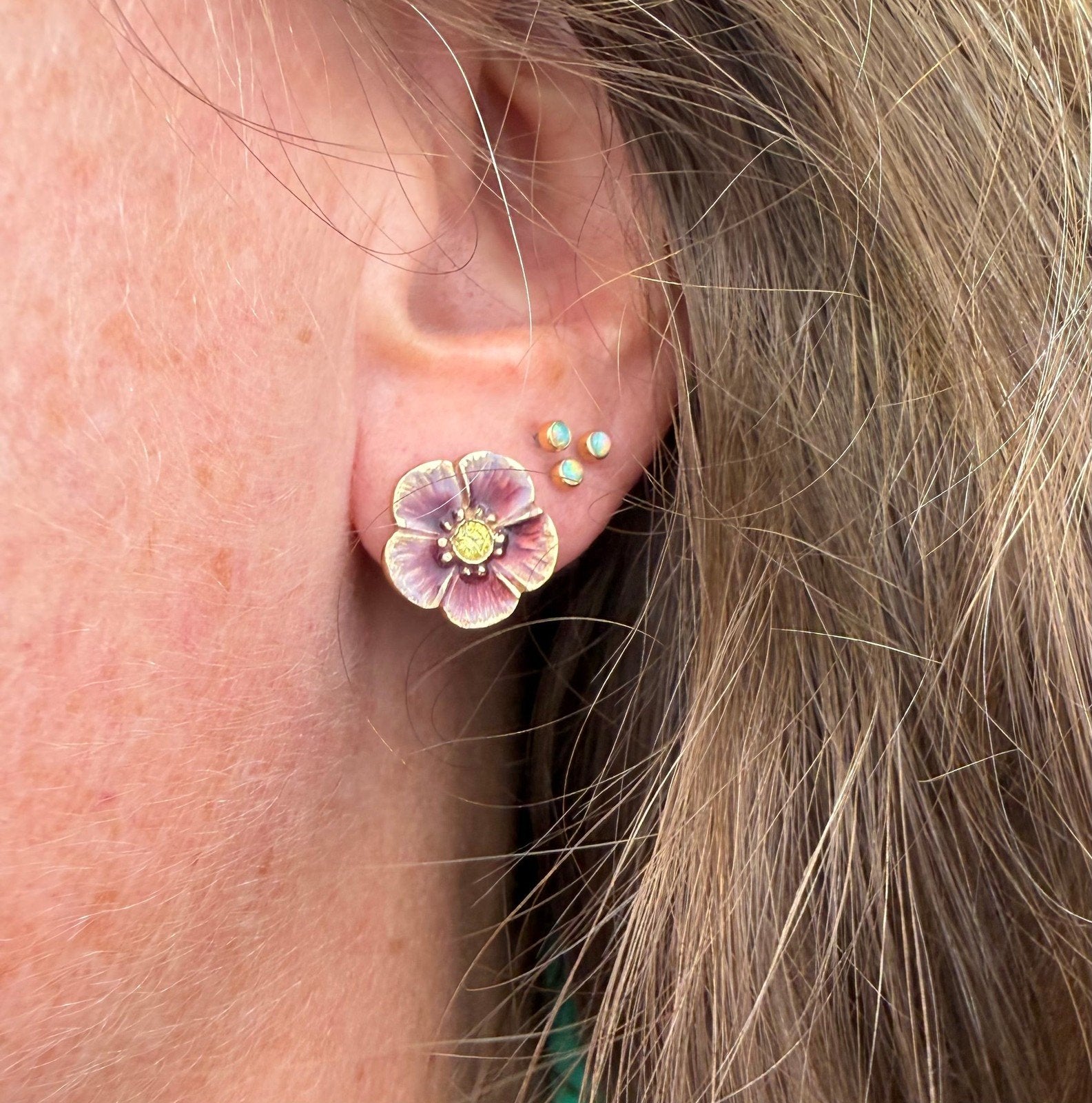 14k Gold Pink Enamel Pansy Earrings w Natural Yellow Diamonds. Antique
