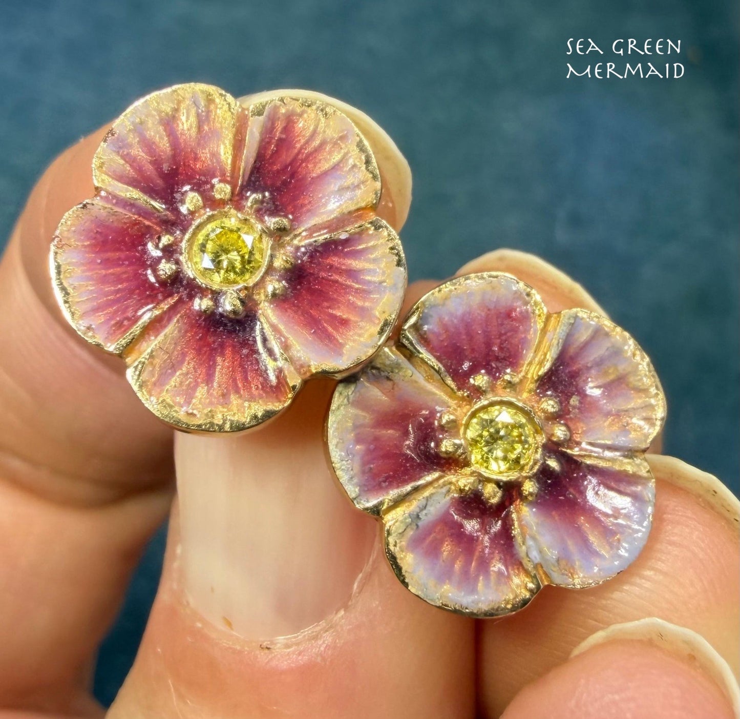 14k Gold Pink Enamel Pansy Earrings w Natural Yellow Diamonds. Antique