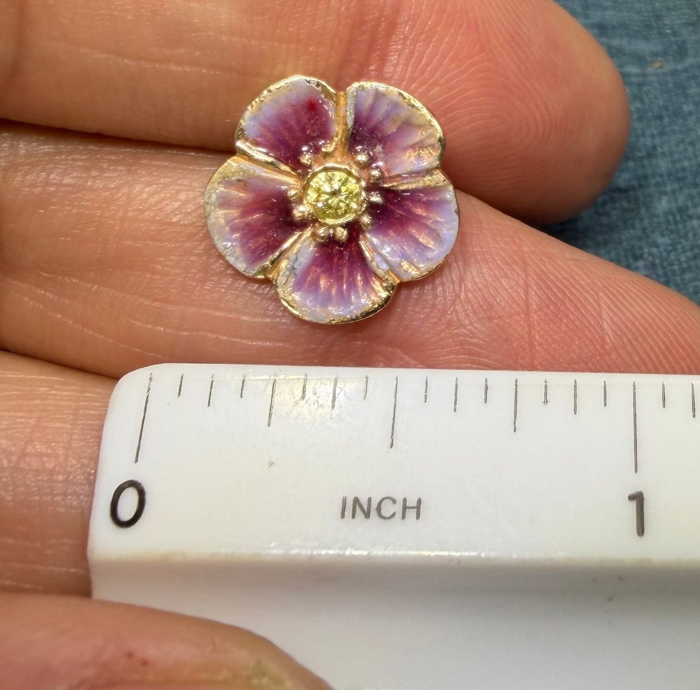 14k Gold Pink Enamel Pansy Earrings w Natural Yellow Diamonds. Antique