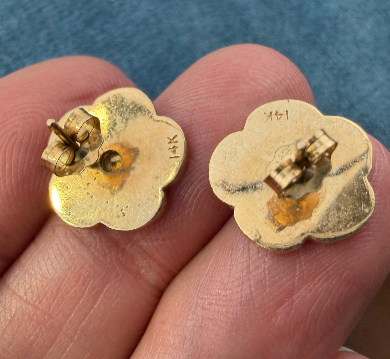 14k Gold Pink Enamel Pansy Earrings w Natural Yellow Diamonds. Antique