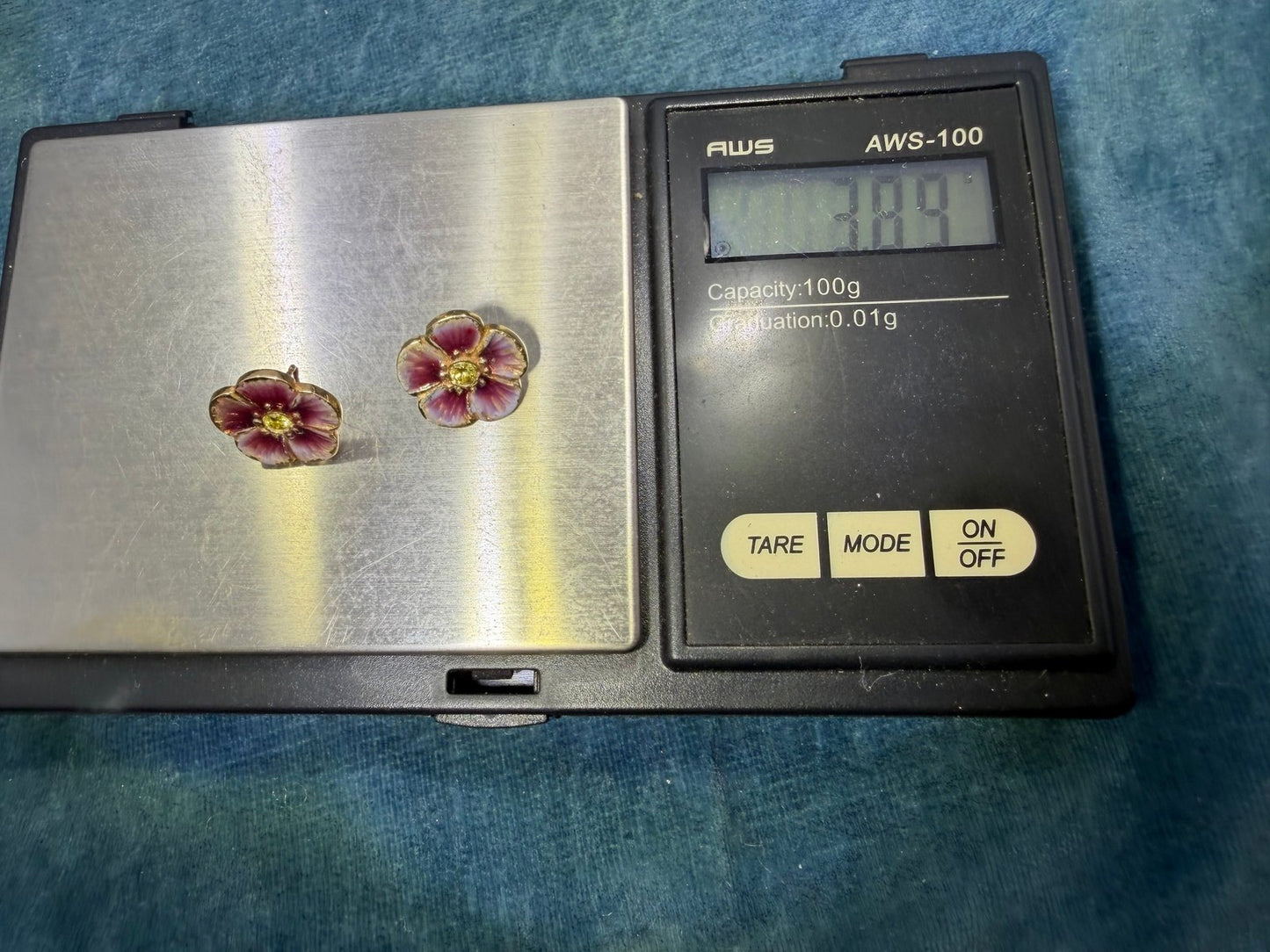 14k Gold Pink Enamel Pansy Earrings w Natural Yellow Diamonds. Antique