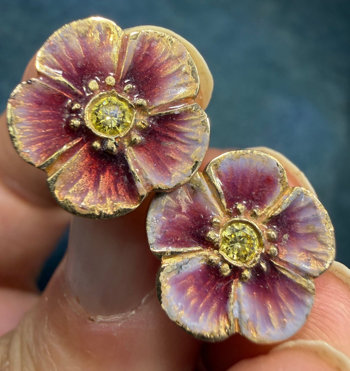 14k Gold Pink Enamel Pansy Earrings w Natural Yellow Diamonds. Antique