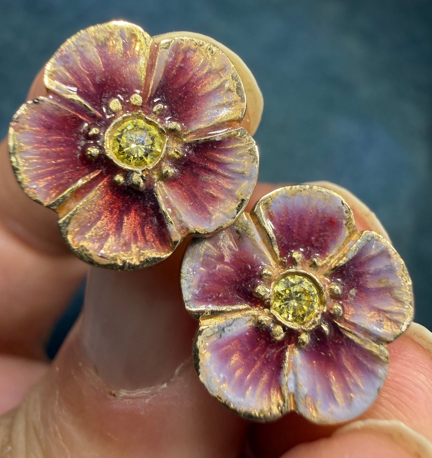 14k Gold Pink Enamel Pansy Earrings w Natural Yellow Diamonds. Antique