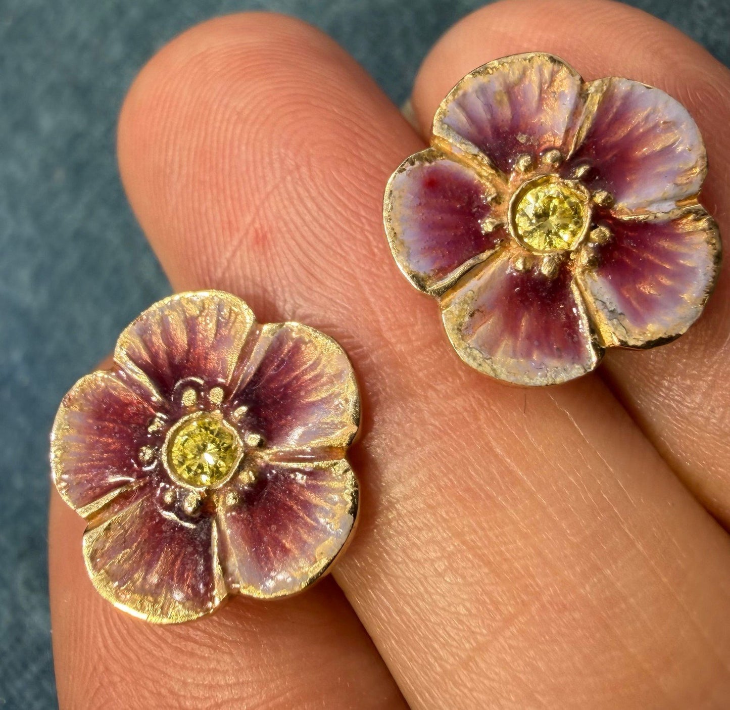 14k Gold Pink Enamel Pansy Earrings w Natural Yellow Diamonds. Antique