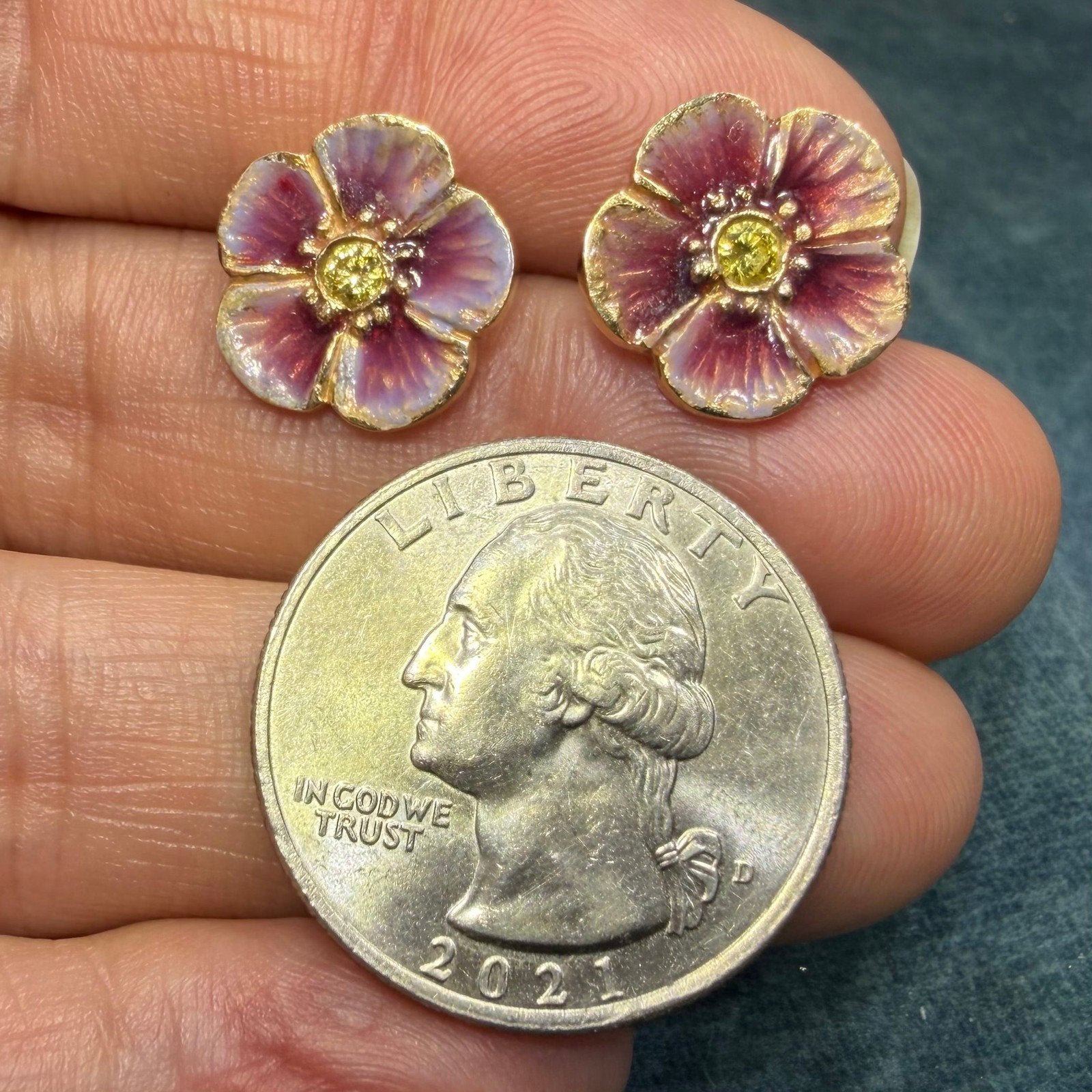 14k Gold Pink Enamel Pansy Earrings w Natural Yellow Diamonds. Antique