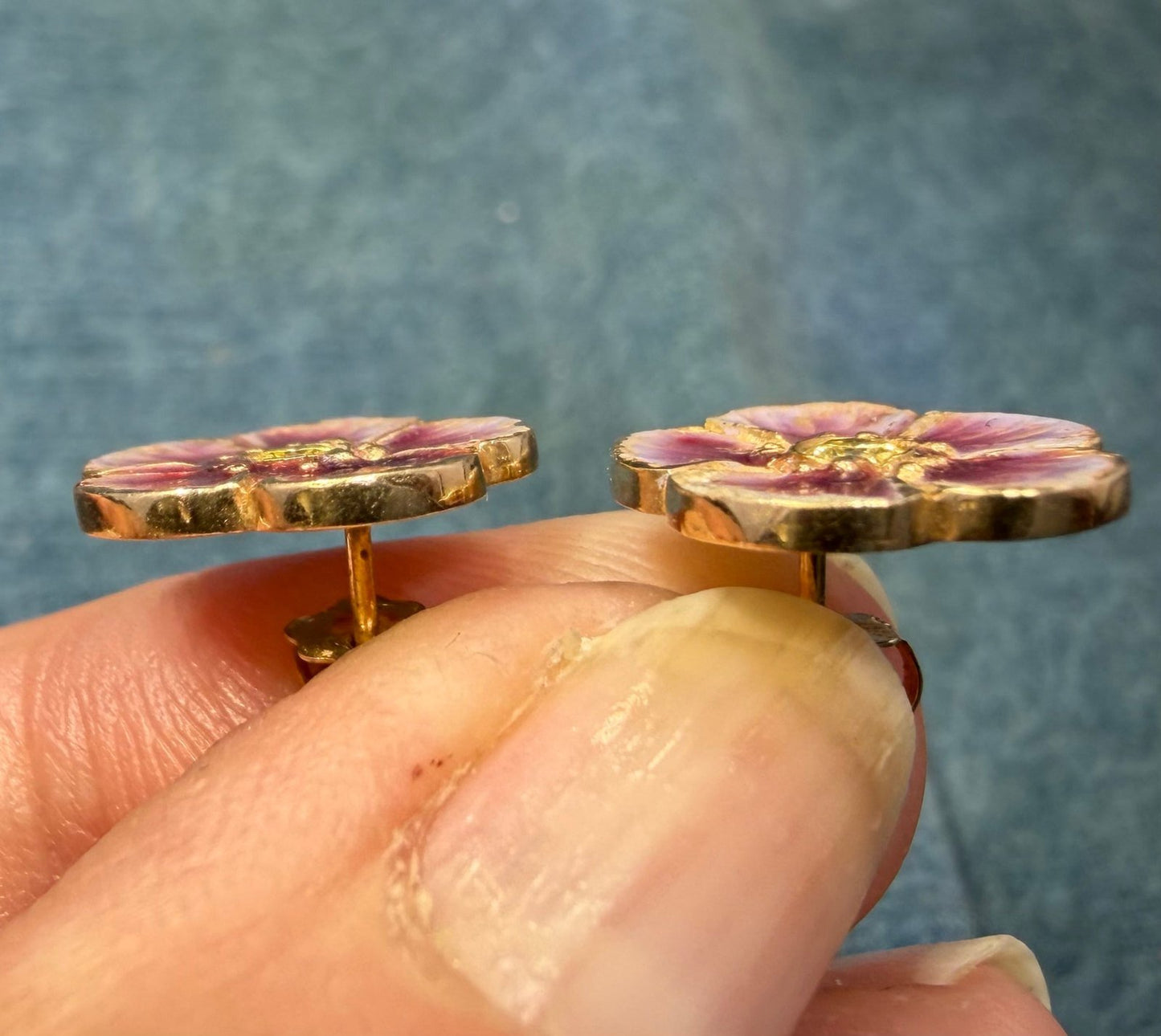 14k Gold Pink Enamel Pansy Earrings w Natural Yellow Diamonds. Antique