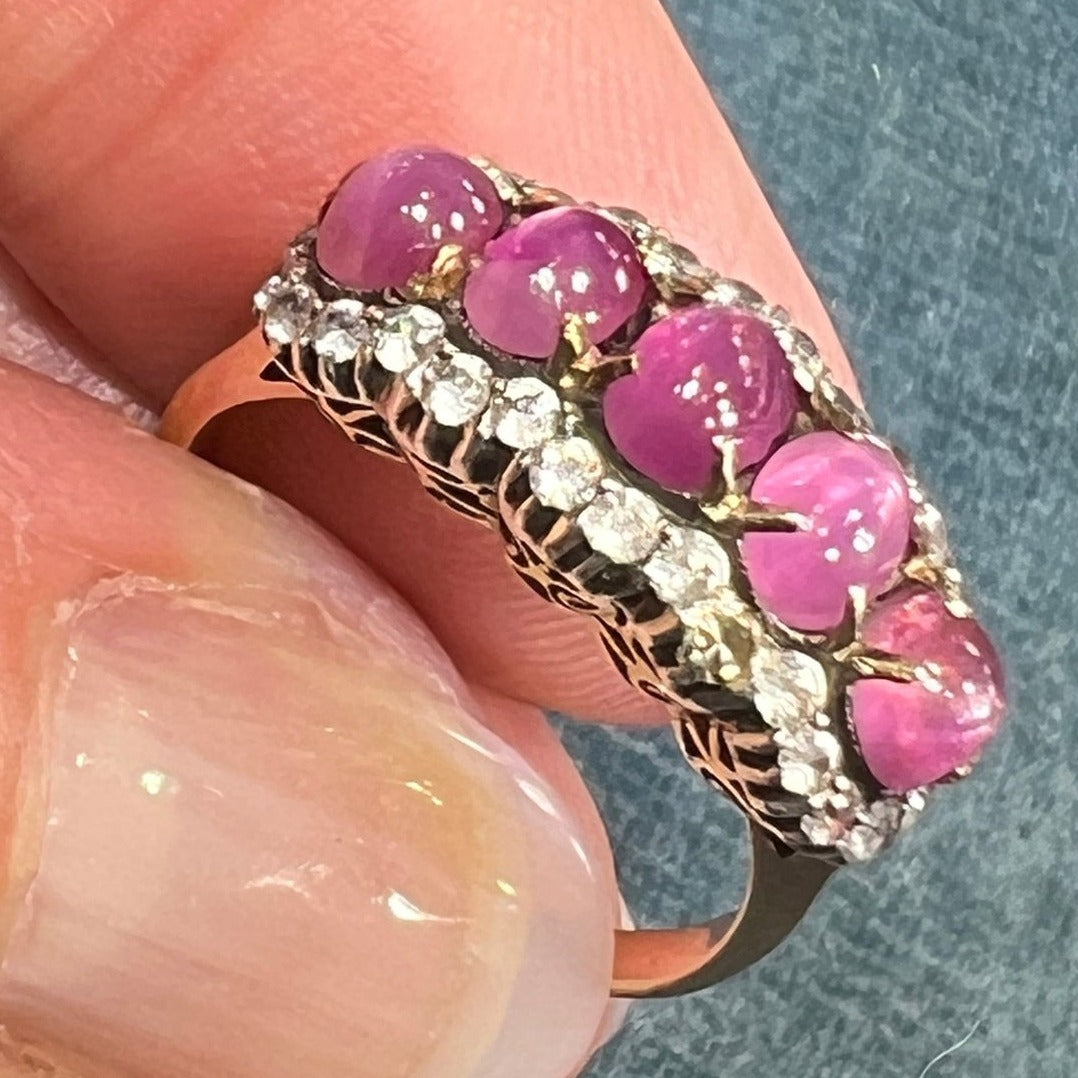 14k Gold Pink STAR SAPPHIRE RUBY Ring w Diamond Halo **Video**