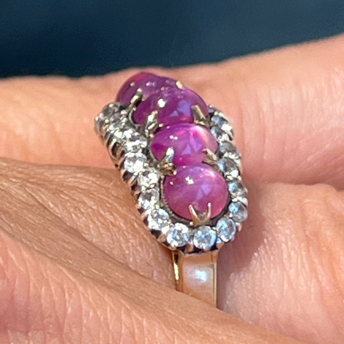 14k Gold Pink STAR SAPPHIRE RUBY Ring w Diamond Halo **Video**