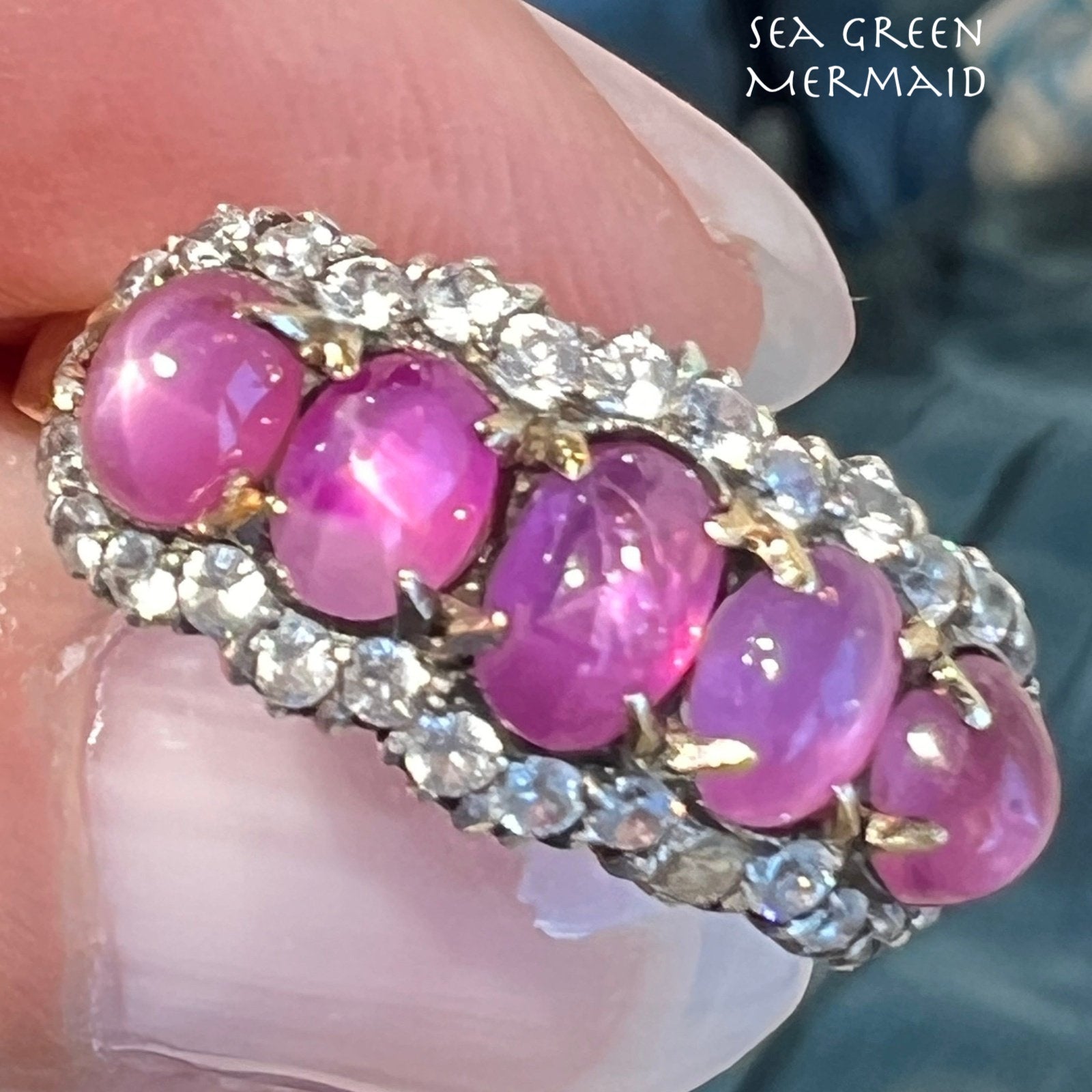 14k Gold Pink STAR SAPPHIRE RUBY Ring w Sapphire Halo **Video**