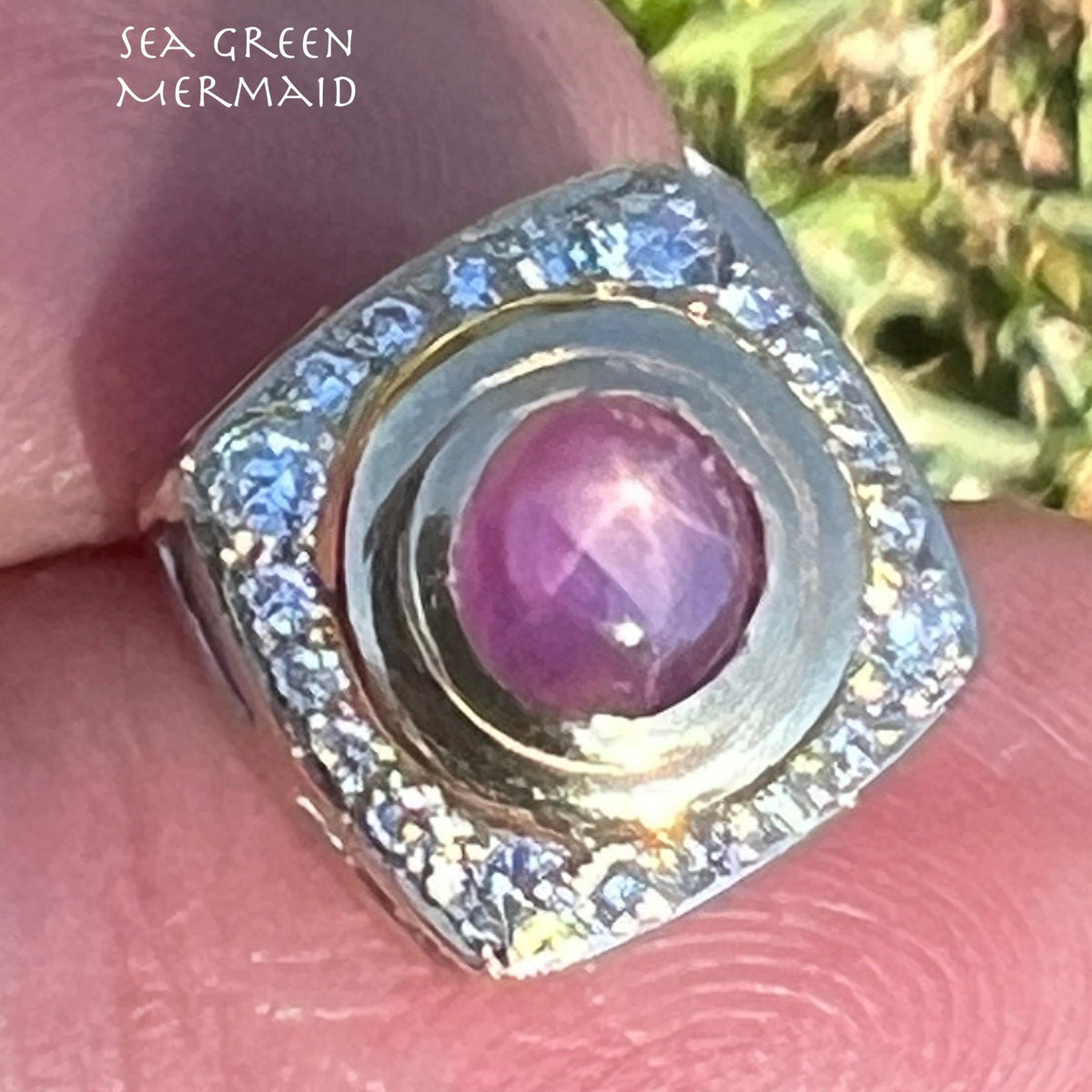 14k Gold Pink Star Sapphire Ruby Pendant w Diamond Halo *Video* B